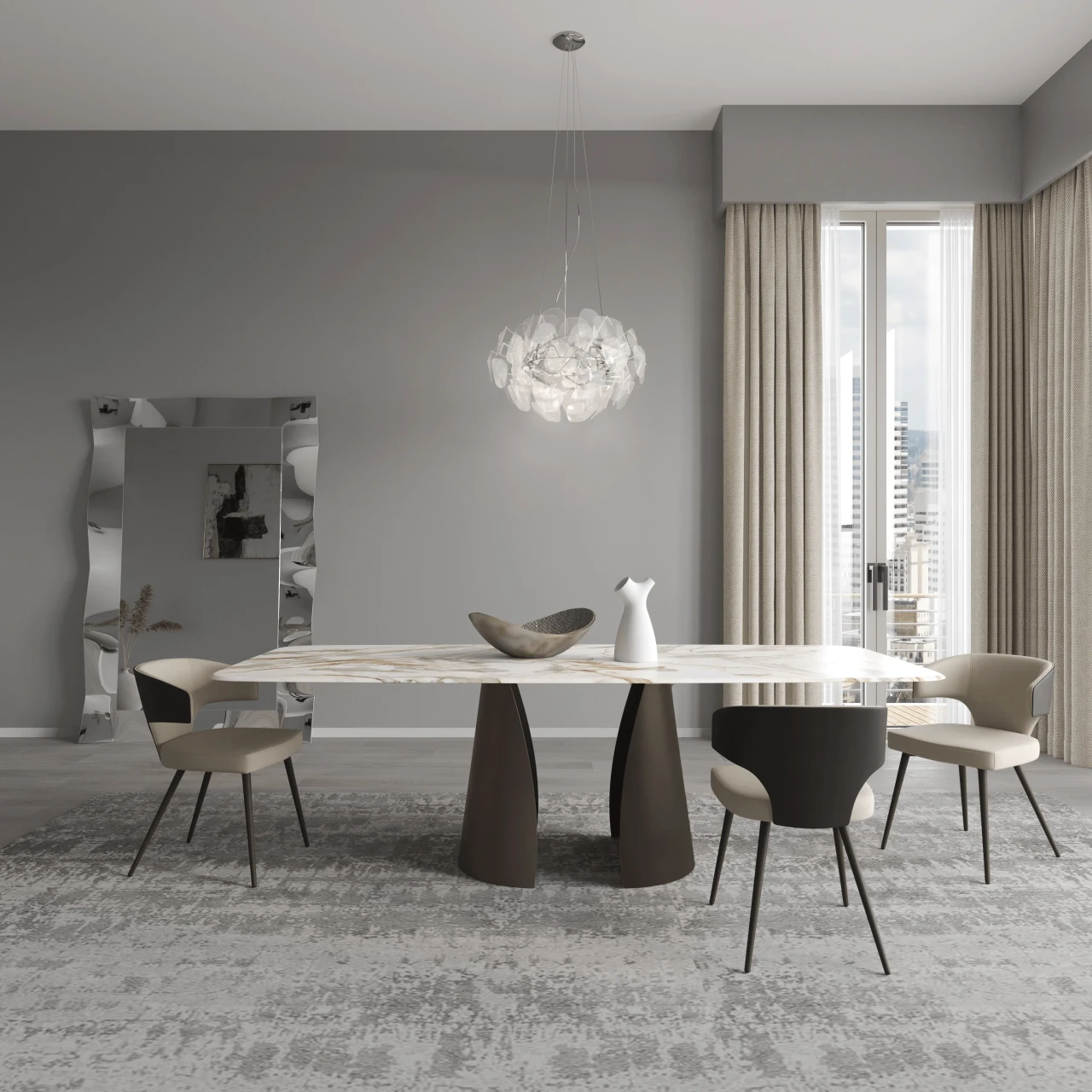 Nove Art Glass Dining Table, boatshape Calacatta Gold glass top, dark bronze metal base, modern dining room, front view.