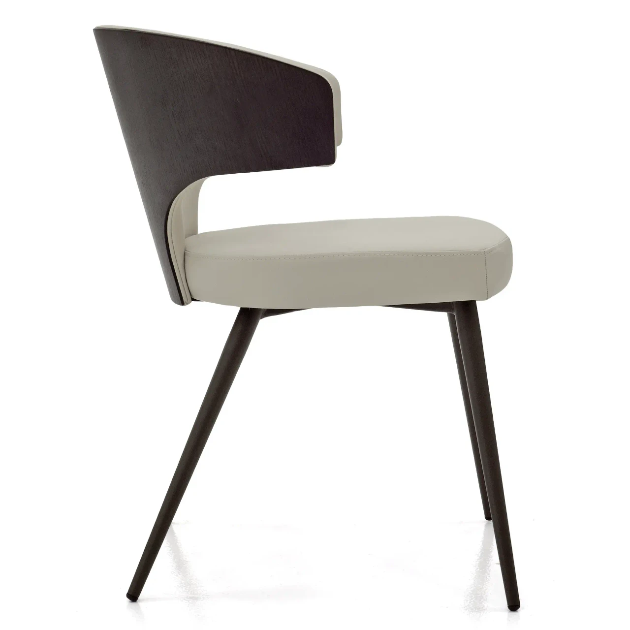 Wing Side Chair in beige leather and burnt ash wood with brown metal legs, side view.