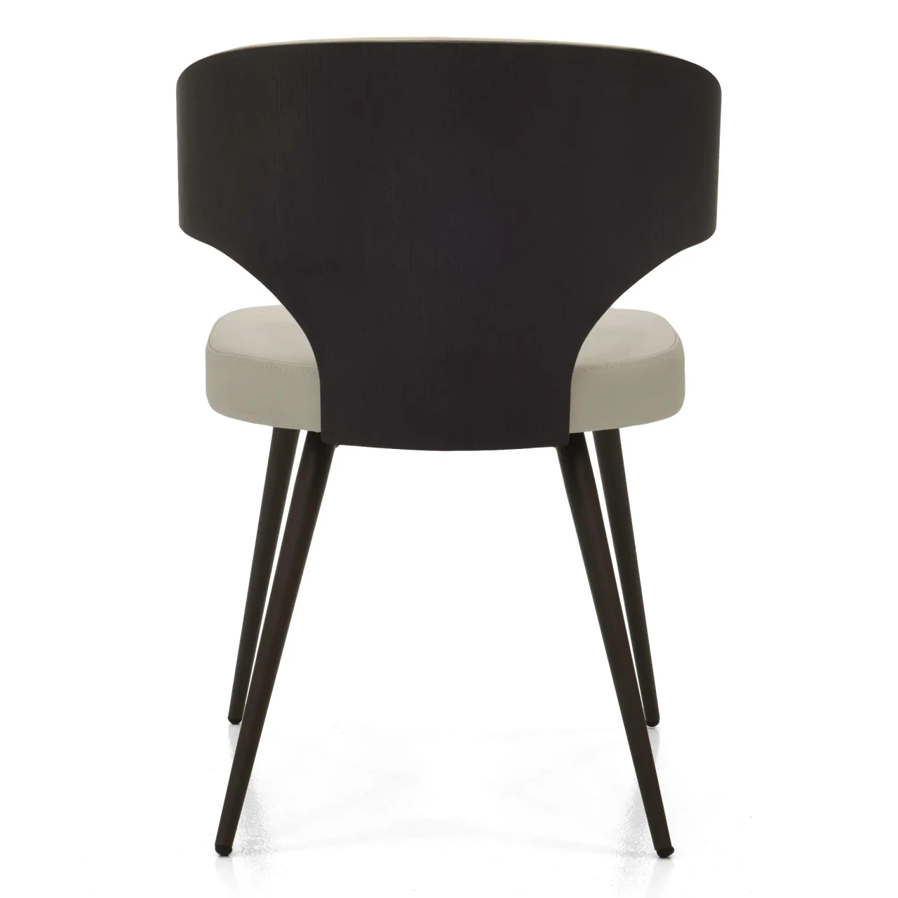 Wing Side Chair, modern style, burnt ash wood back, beige leather seat, brown metal legs, rear view.