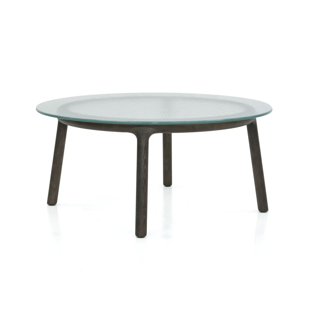 Fiam Cannage Cocktail Table, modern round coffee table with fused transparent glass top and solid tobacco oak base, front
