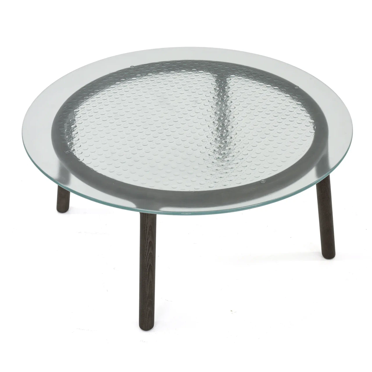 Fiam Cannage Cocktail Table, mid-century modern, fused transparent glass top, solid tobacco oak base, high angle view.