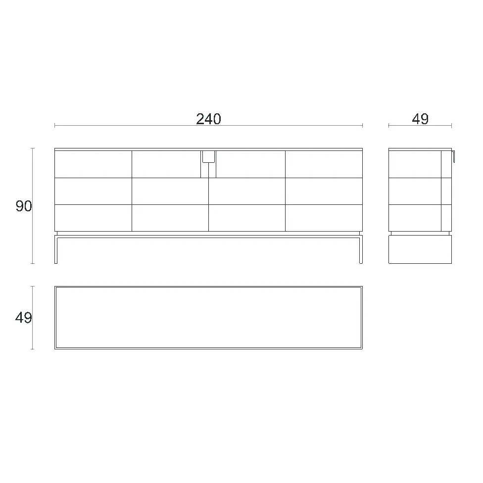 Detailed Dimensions - Malerba Black & More Buffet technical drawing showing front, side, and top views with dimensions in cm.