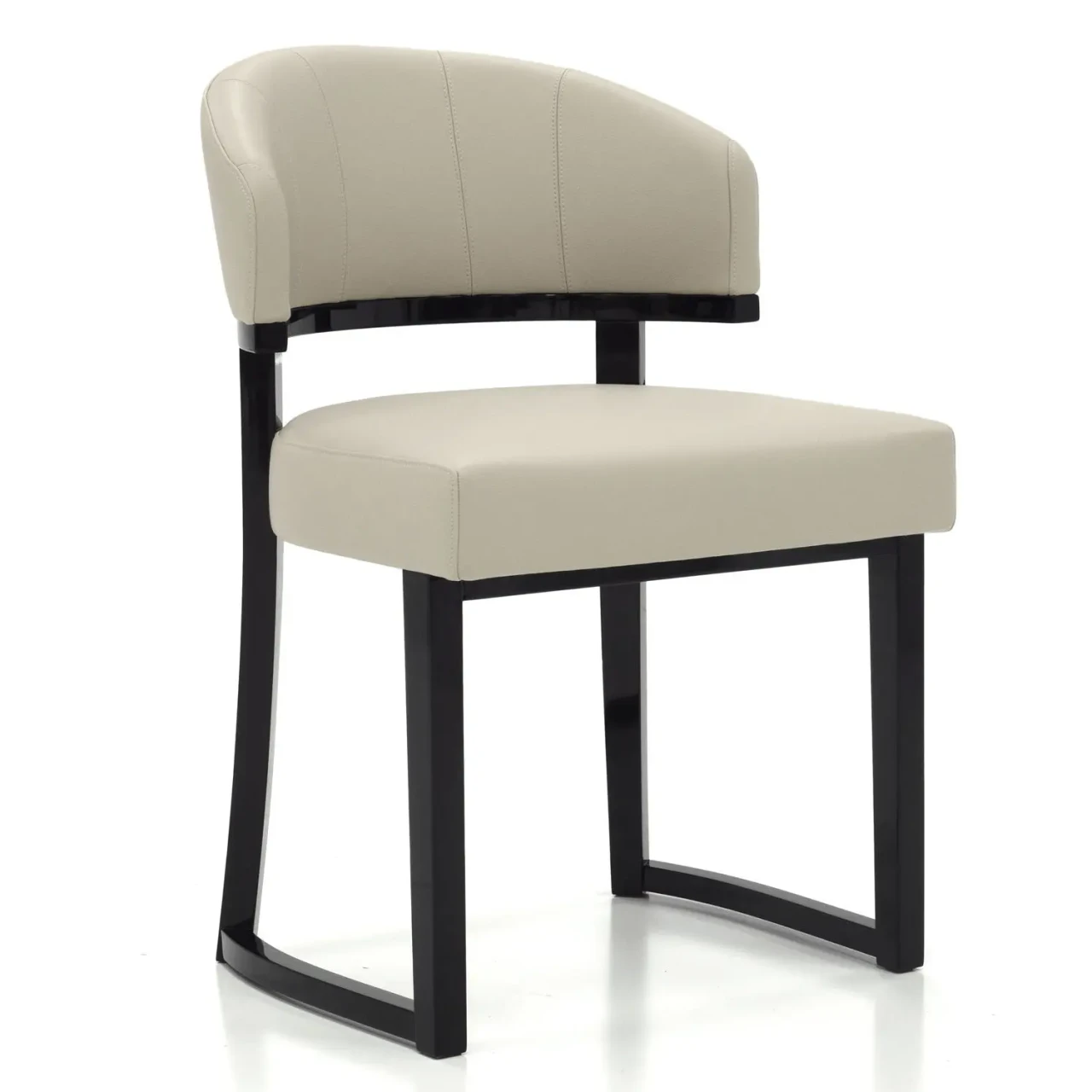 Malerba My Story Side Chair in Taupe, beige leather and black cedar high gloss, modern style, 3/4 angle view.