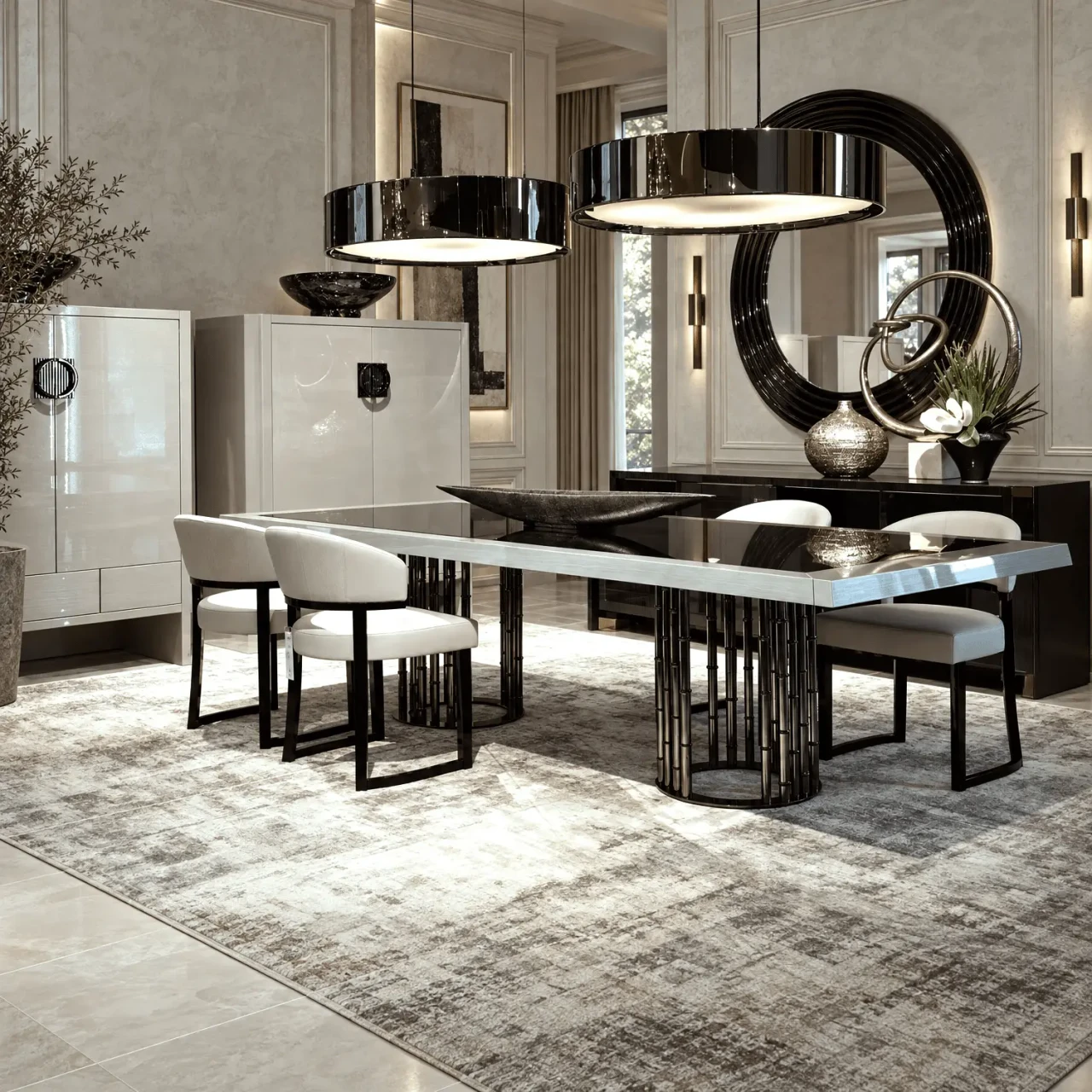Malerba My Story Side Chairs in Taupe leather with black legs in a modern dining room, front angle view.