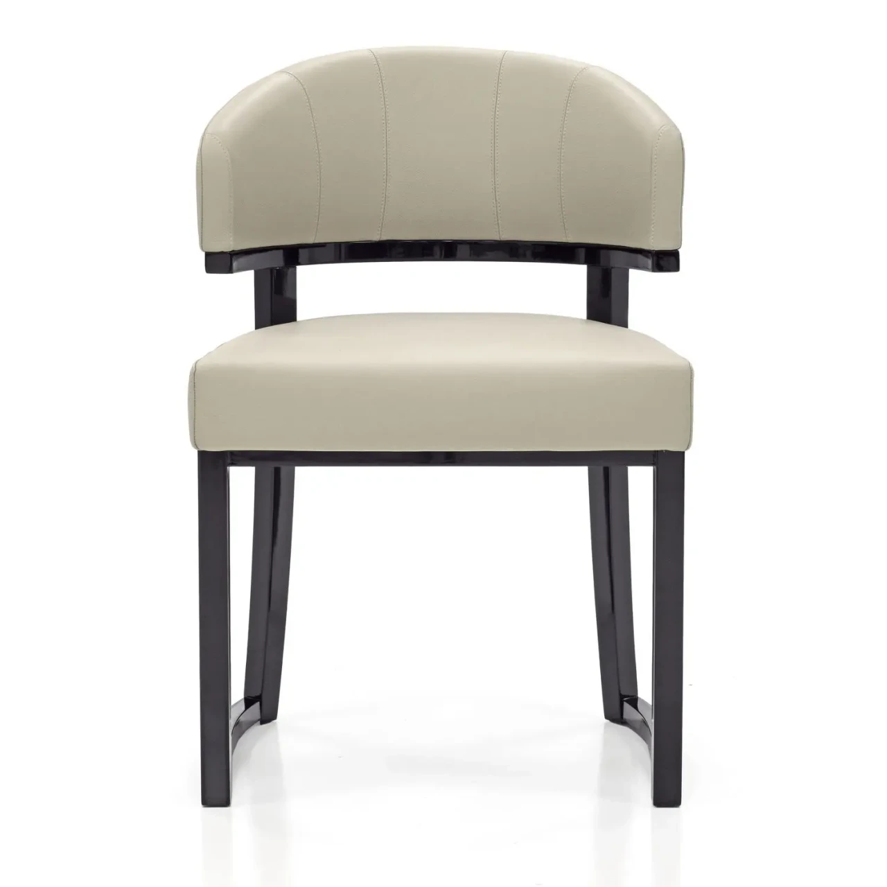 Malerba My Story Side Chair in beige leather and black cedar high gloss, front view, modern style with curved backrest.