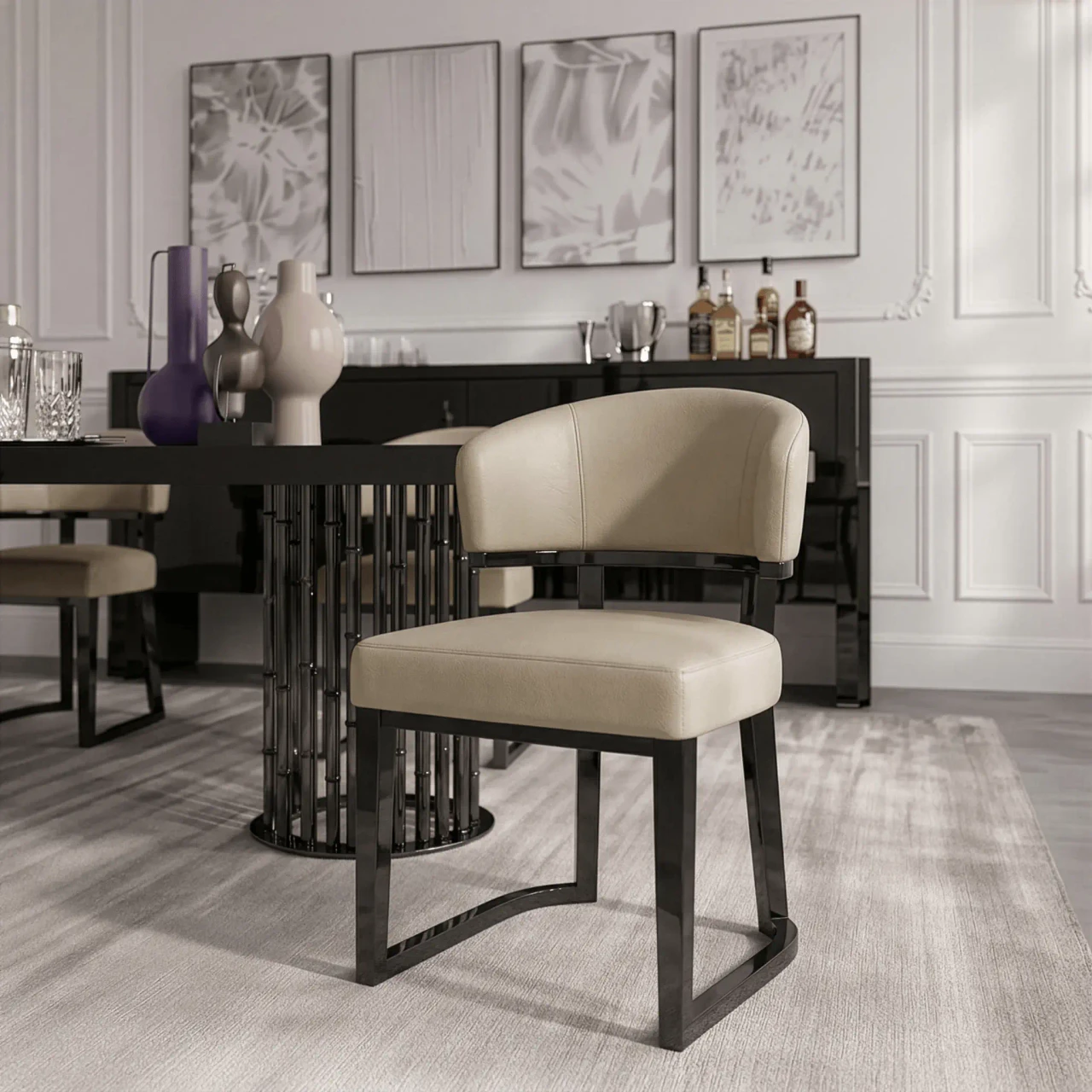 Malerba My Story Side Chair in Beige Leather C60 / A and Black Cedar High Gloss, modern dining room, three-quarter view.