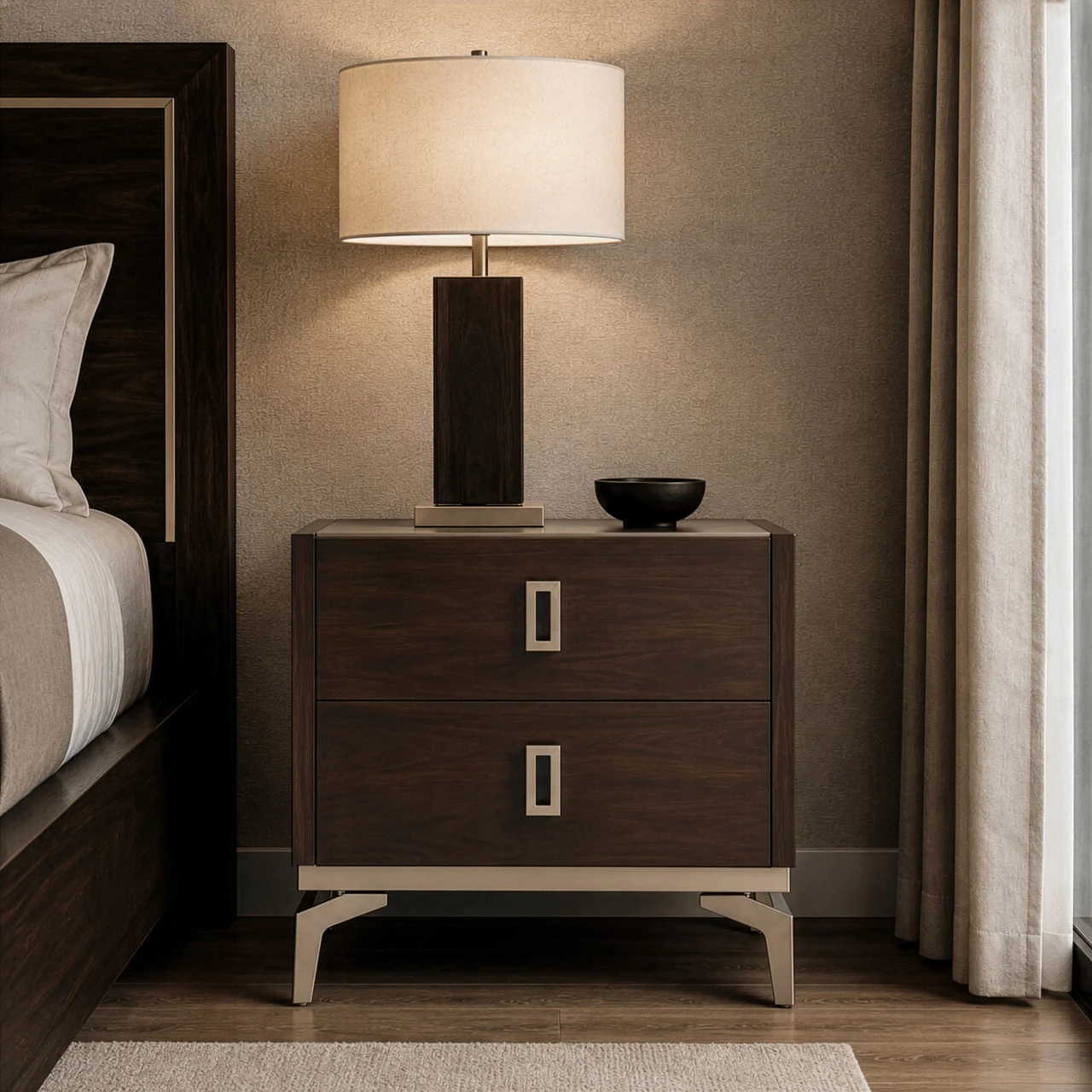 Eva 2 Drawer Nightstand Front View in a Bedroom Setting
