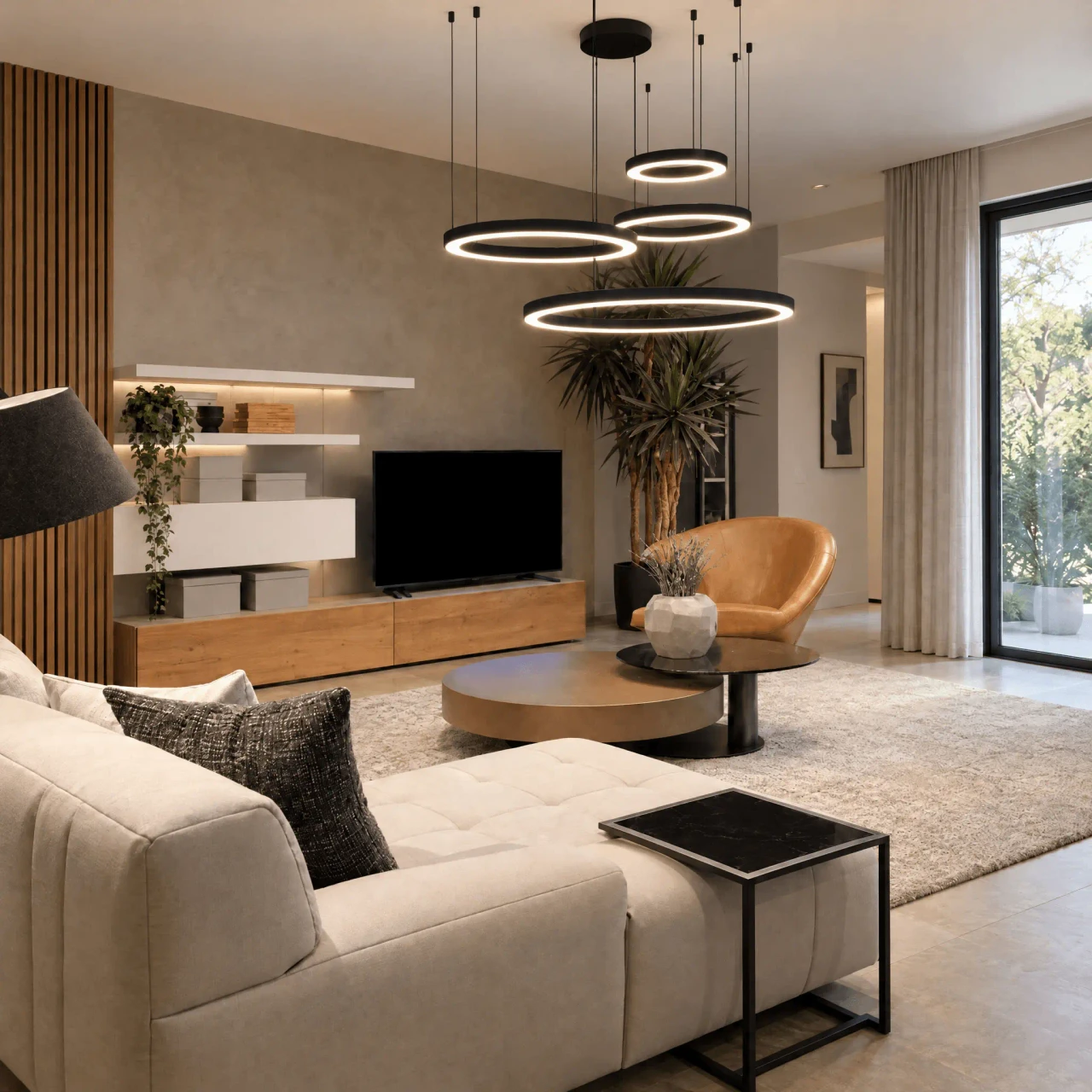 Aria Suspension Fixture, modern polished black integrated LED dimmable rings in a living room, wide angle view.