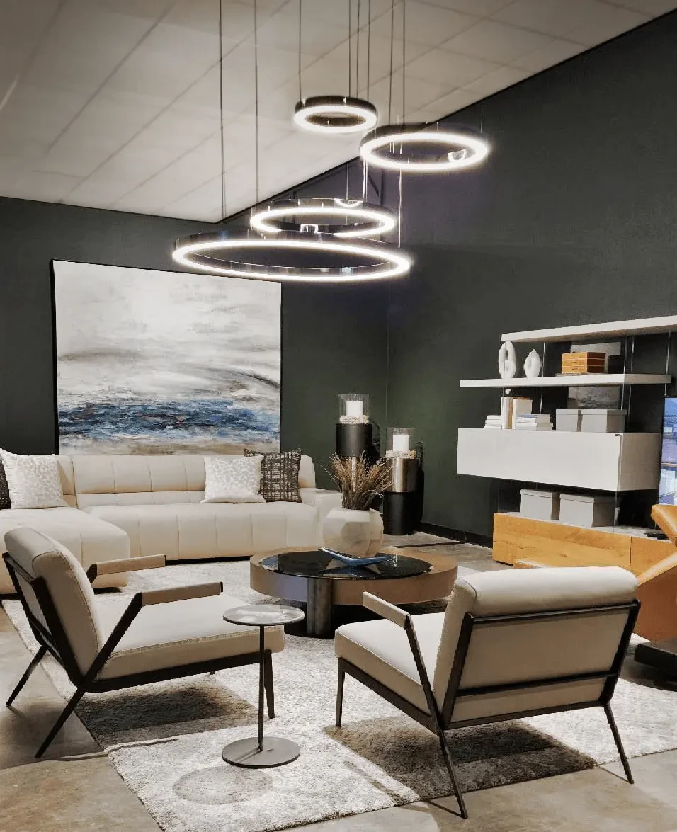 Aria Suspension Fixture, polished black integrated LED rings, dimmable 3000K, modern living room, wide angle view.