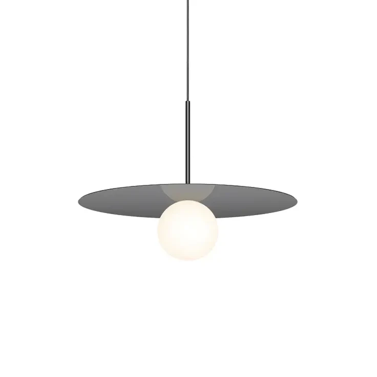 GUNMETAL || 18 IN - Pablo Bola Disc Pendant in gunmetal finish with opal glass globe, dimmable, front view.