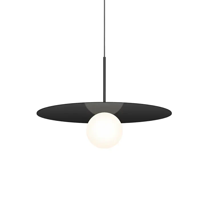 MATTE BLACK || 22 IN - Pablo Bola Disc Pendant, modern matte black finish, opal glass globe, dimmable, front view.