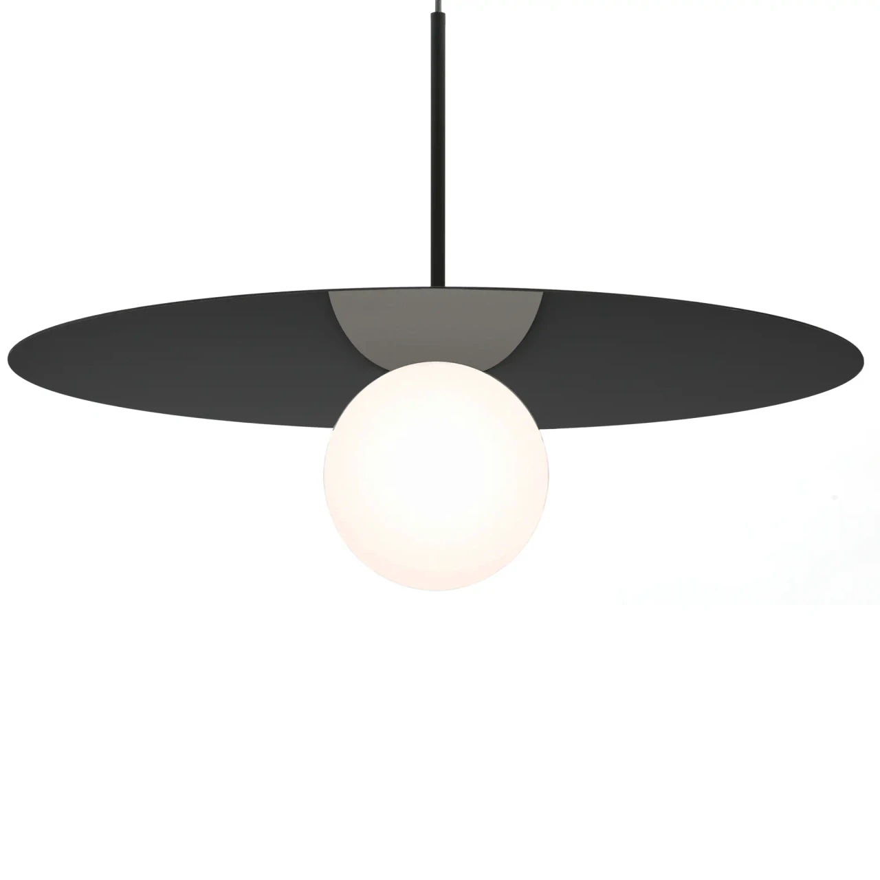 MATTE BLACK || 22 IN - Pablo Bola Disc Pendant light, matte black finish, opal glass globe, modern style, front view.
