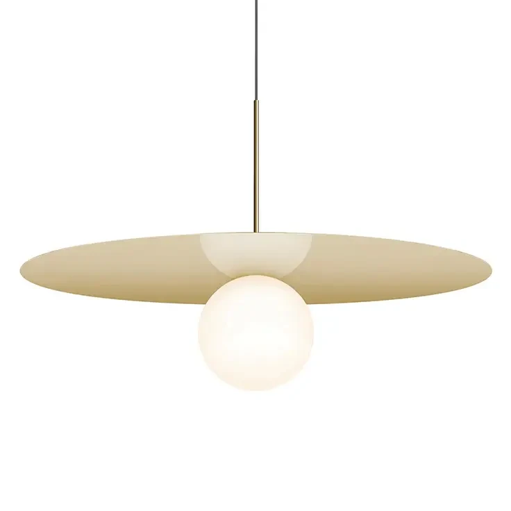 BRASS || 22 IN - Pablo Bola Disc Pendant light, mid-century modern, brass finish with opal glass globe, front view, dimmable.