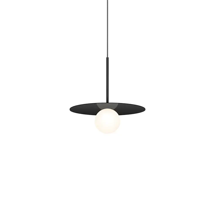 MATTE BLACK || 12 IN - Pablo Bola Disc Pendant light, matte black finish with opal glass globe, modern style, front view.