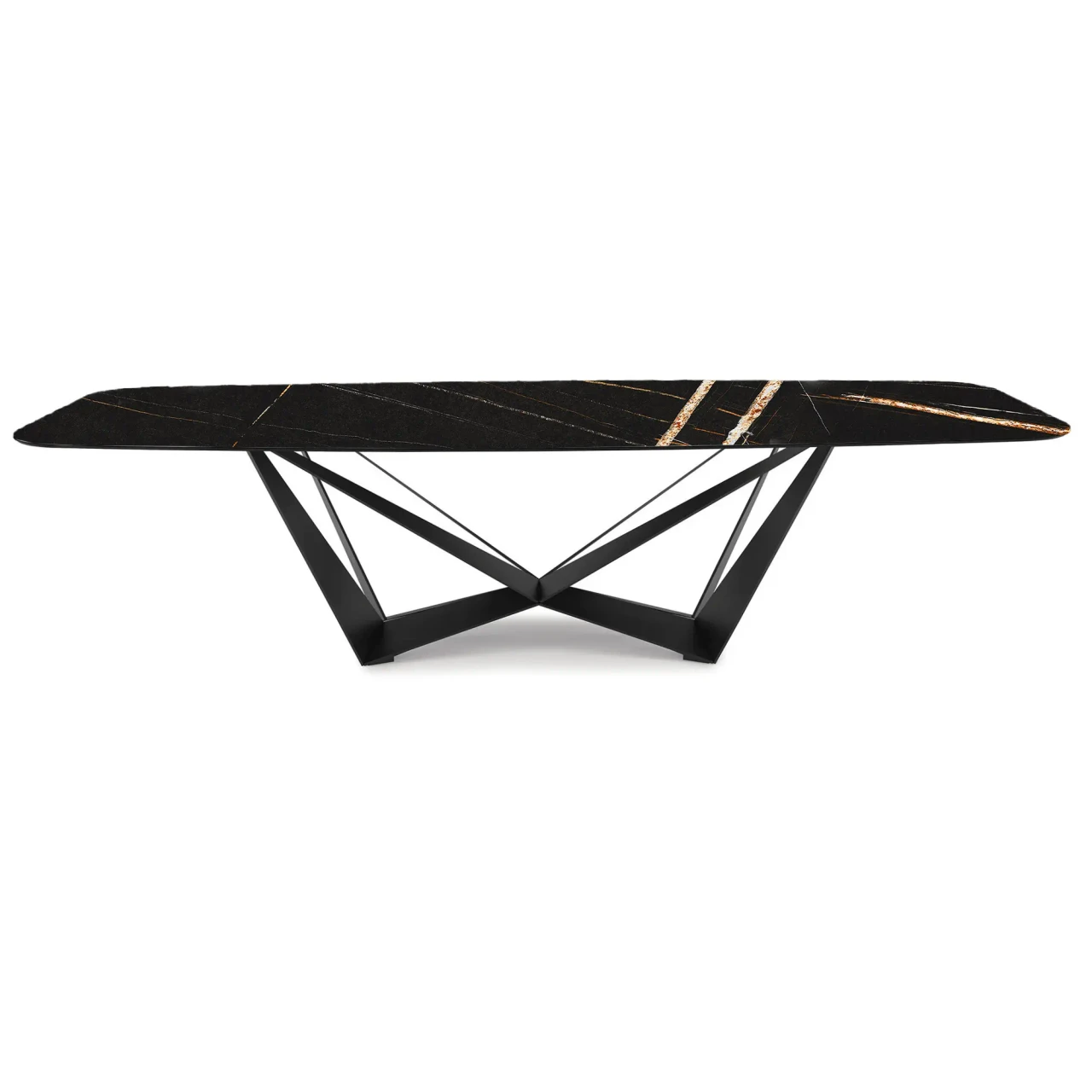 GLOSSY SAHARA NOIR || GRAPHITE EMBOSSED STEEL - Cattelan Skorpio Keramik Dining Table, modern, black glossy Sahara Noir ceramic top, graphite embossed steel base, front view