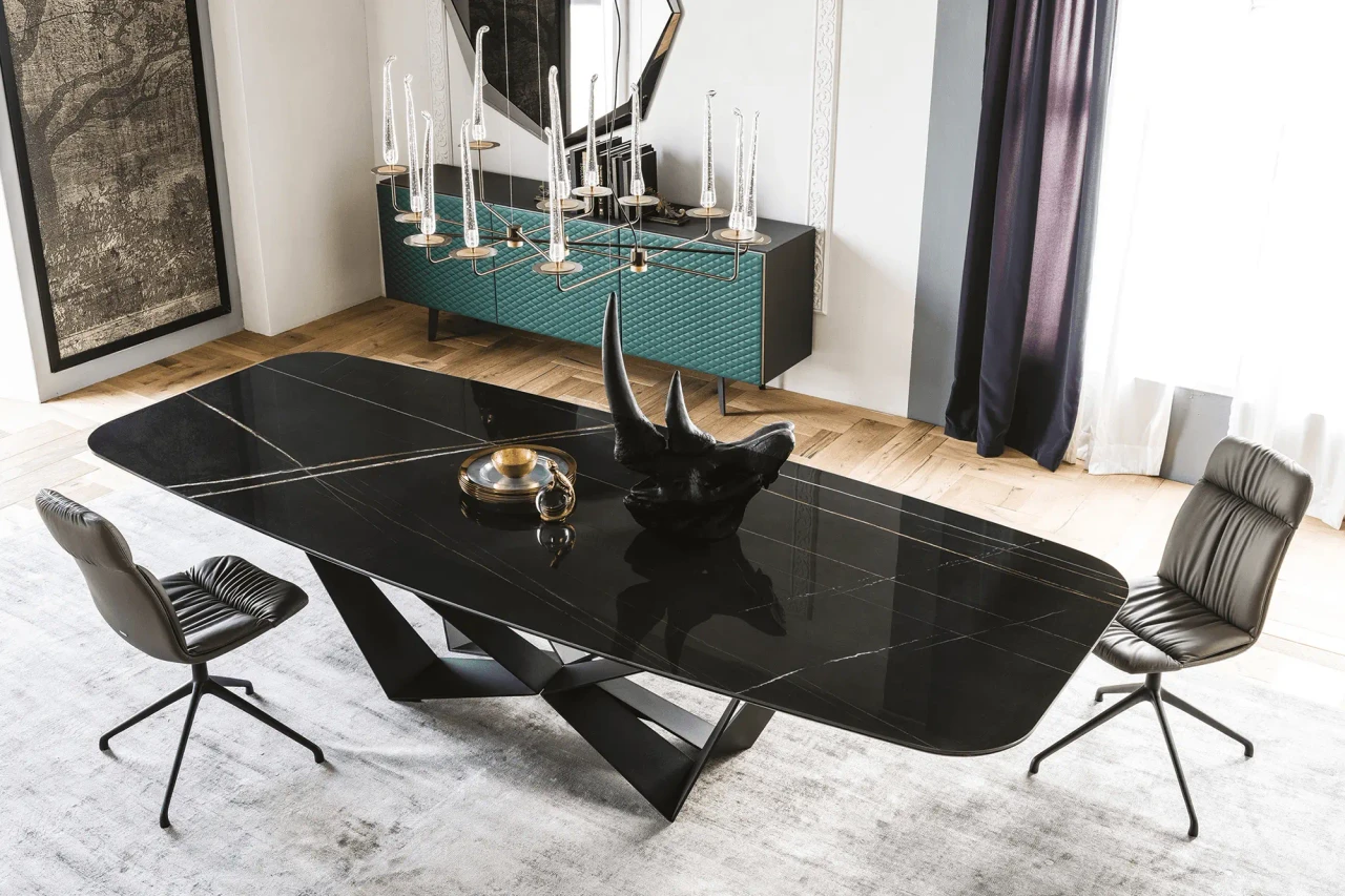 GLOSSY SAHARA NOIR || GRAPHITE EMBOSSED STEEL - Cattelan Skorpio Keramik Dining Table, modern, Glossy Sahara Noir Ceramic Top, Graphite Embossed Steel Base, dining room