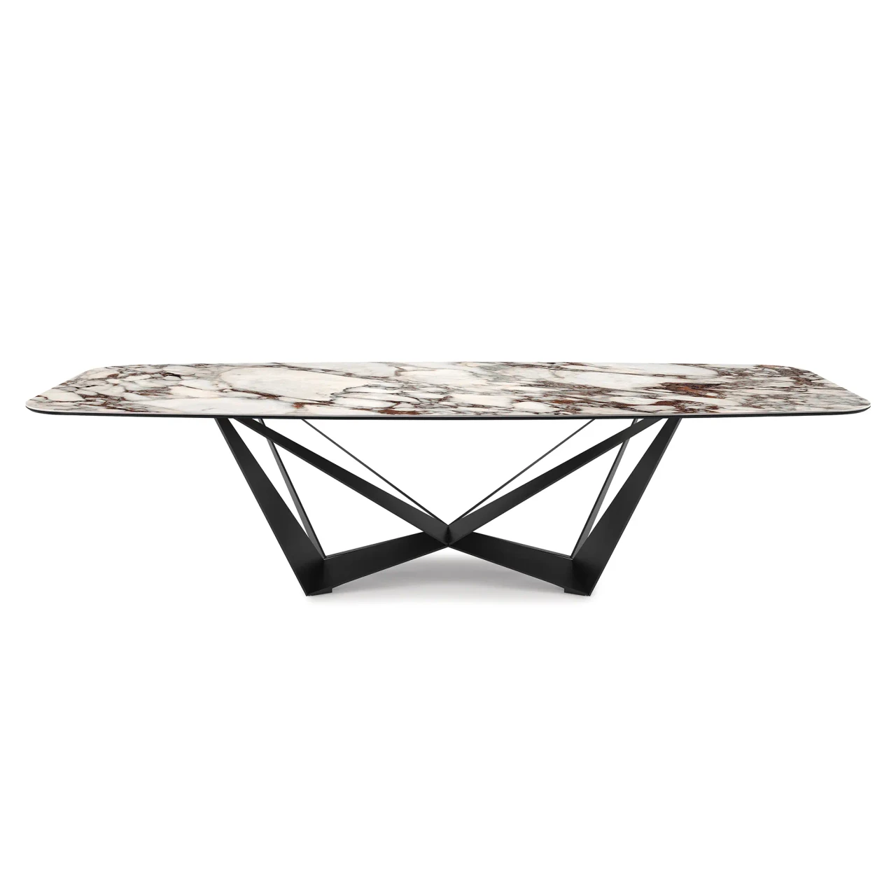 MAKALU || GRAPHITE EMBOSSED STEEL - Cattelan Skorpio Keramik Dining Table, 94.5 In, Makalu Ceramic Top, Graphite Embossed Steel Base, front view.