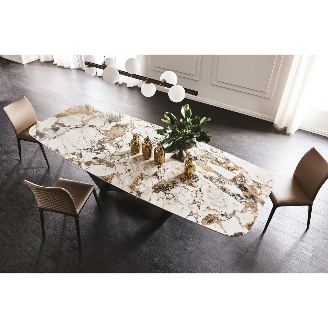 MAKALU || GRAPHITE EMBOSSED STEEL - Cattelan Skorpio Keramik Dining Table, Makalu Ceramic Top, Graphite Embossed Steel Base, dining room, high angle view
