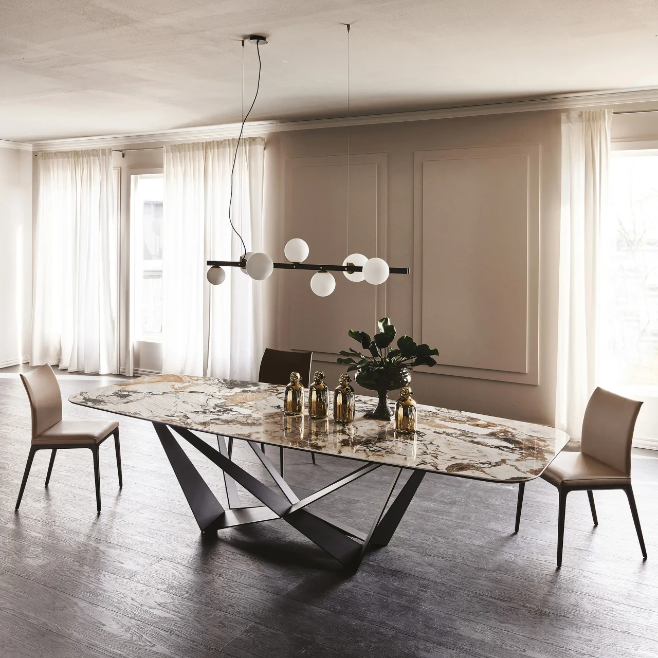 MAKALU || GRAPHITE EMBOSSED STEEL - Cattelan Skorpio Keramik Dining Table, 94.5 In, Makalu Ceramic Top, Graphite Embossed Steel Base, dining room, side angle.