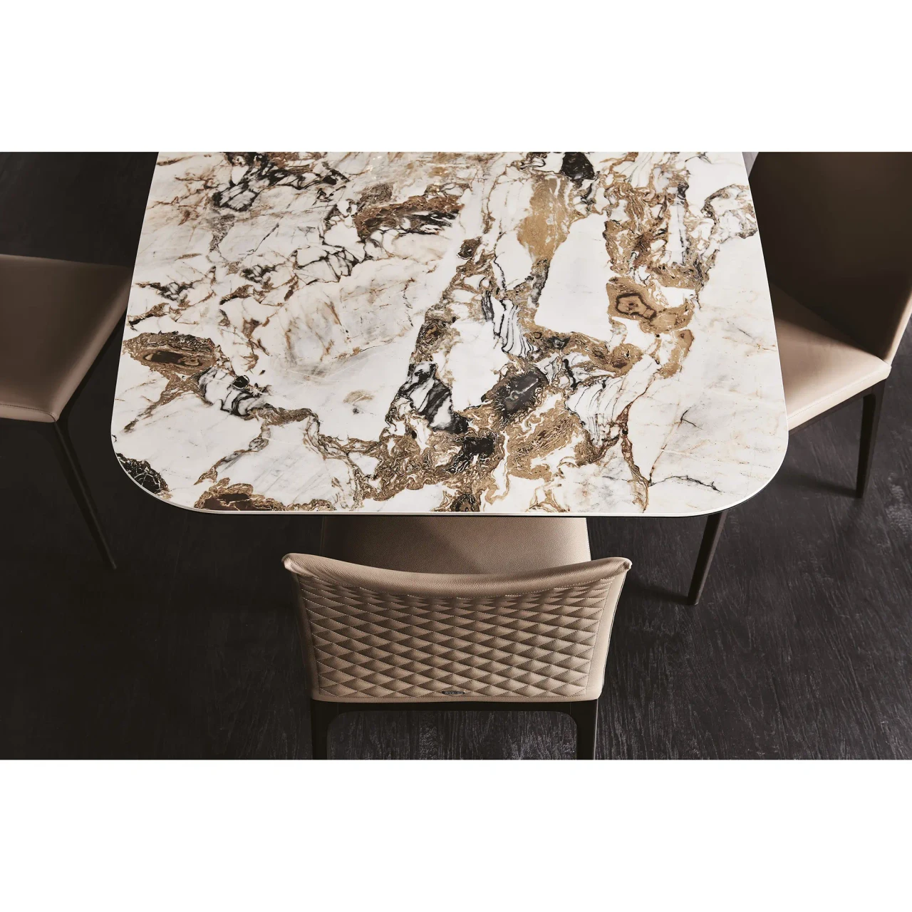 MAKALU || GRAPHITE EMBOSSED STEEL - Cattelan Skorpio Keramik Dining Table with Makalu Ceramic Top and Graphite Embossed Steel Base, high angle dining room view.