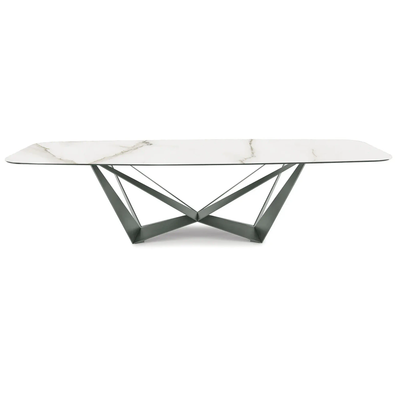 MATTE GOLDEN CALACATTA || TITANIUM EMBOSSED STEEL - Cattelan Skorpio Keramik Dining Table, 94.5 In, Matt Golden Calacatta Ceramic top, Titanium Embossed Steel Base, front view