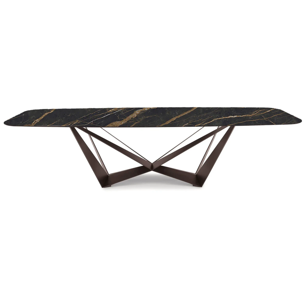 GLOSSY PORTORO || BRONZE EMBOSSED STEEL - Cattelan Skorpio Keramik Dining Table, 94.5 In, glossy Portoro ceramic top, bronze embossed steel base, front view.