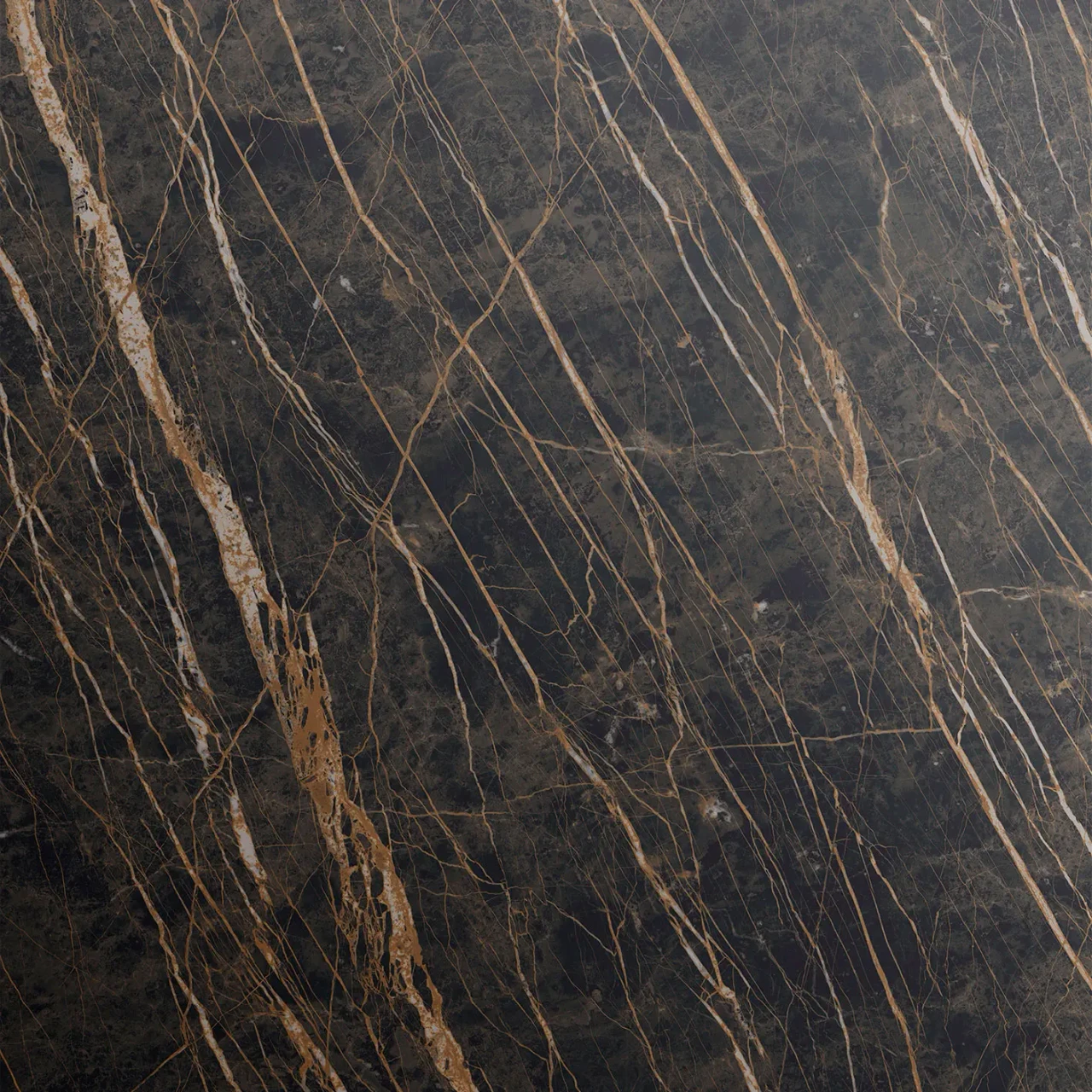 GLOSSY PORTORO || BRONZE EMBOSSED STEEL || Closeup - Cattelan Skorpio Keramik Dining Table, Glossy Portoro Ceramic Top, dark grey with gold veining, close-up top view