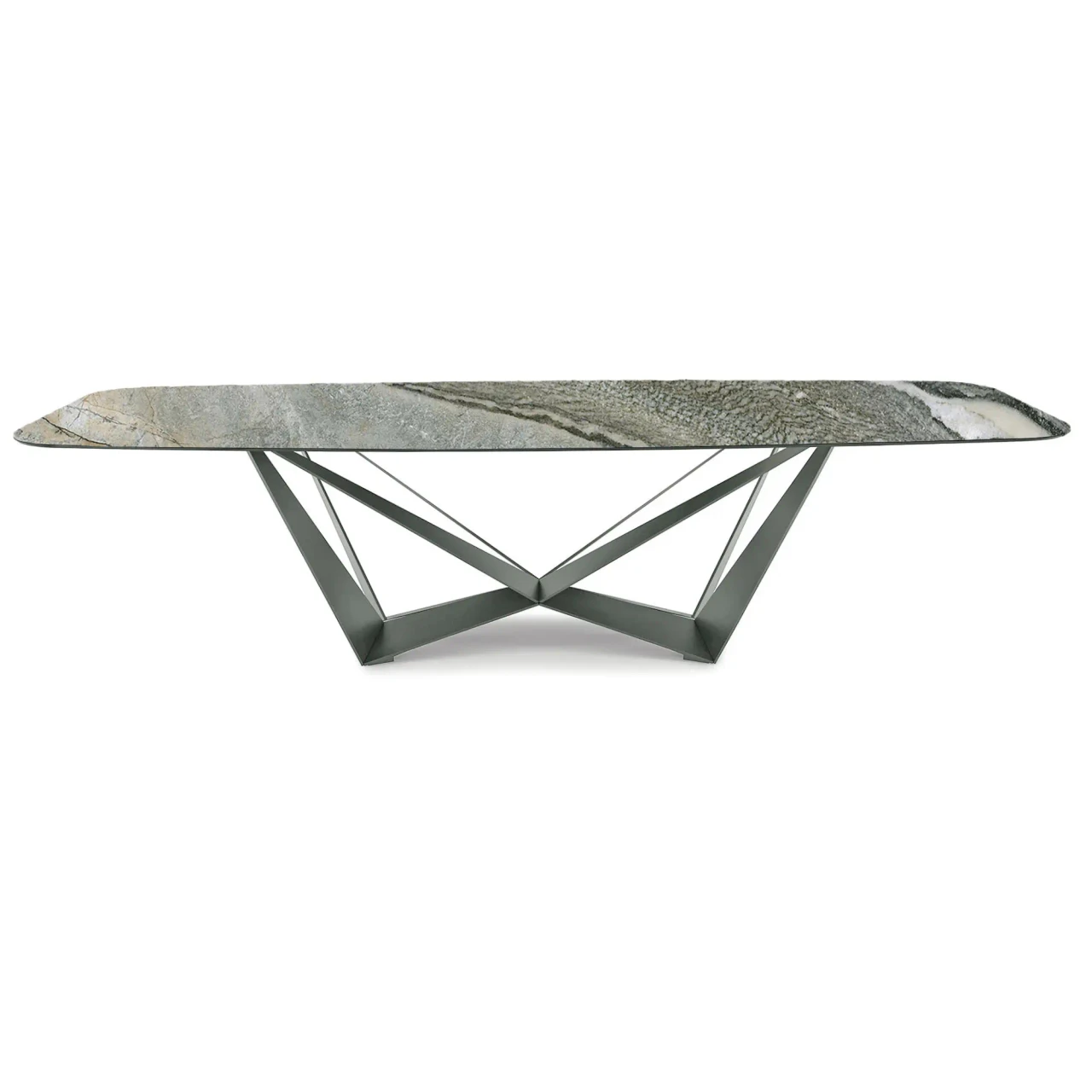 KAINDY || TITANIUM EMBOSSED STEEL - Cattelan Skorpio Keramik Dining Table, 94.5 In, Kaindy Ceramic Top, Titanium Embossed Steel Base, front view