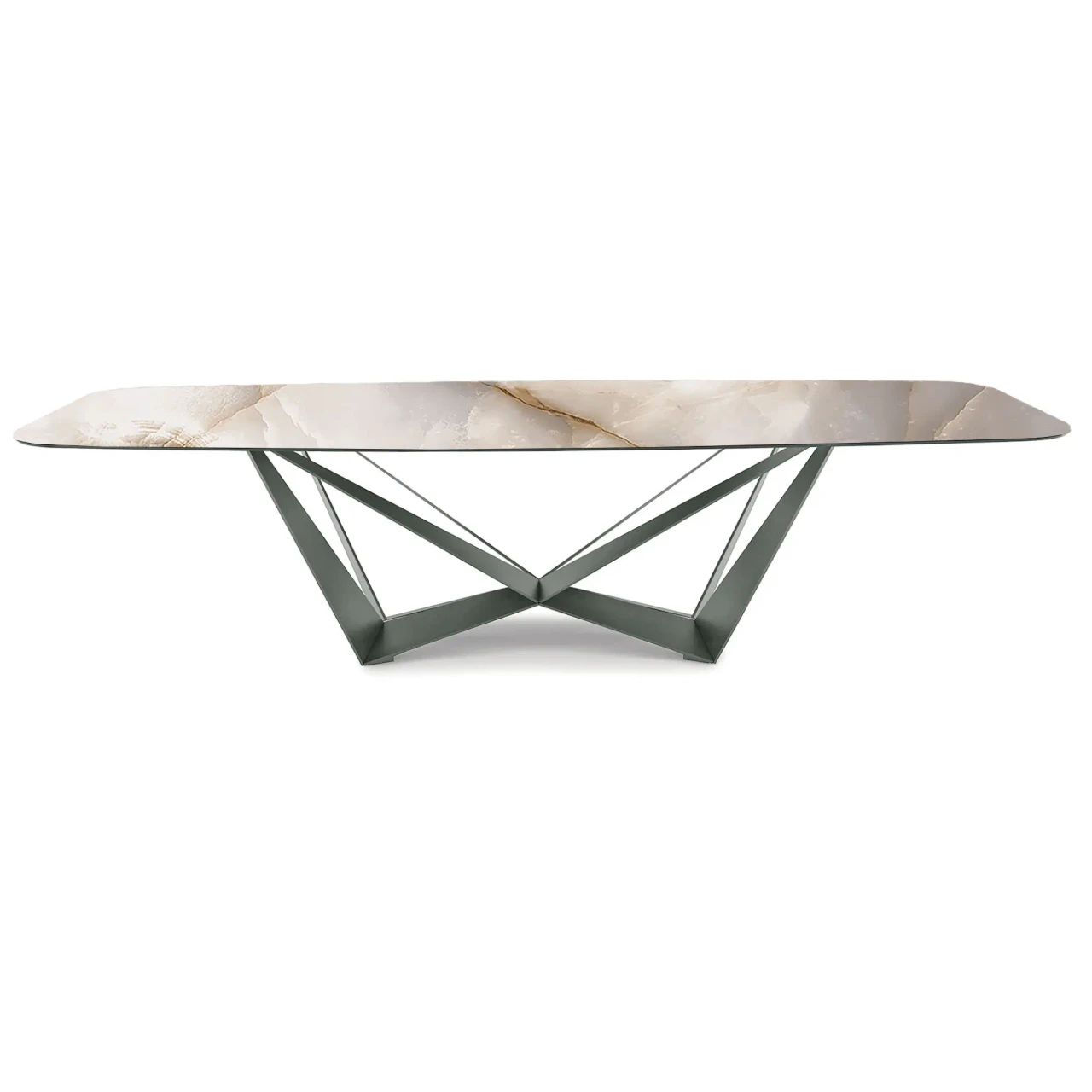 ALABASTRO || TITANIUM EMBOSSED STEEL - Cattelan Skorpio Keramik Dining Table, Alabastro ceramic top, titanium embossed steel base, front view.