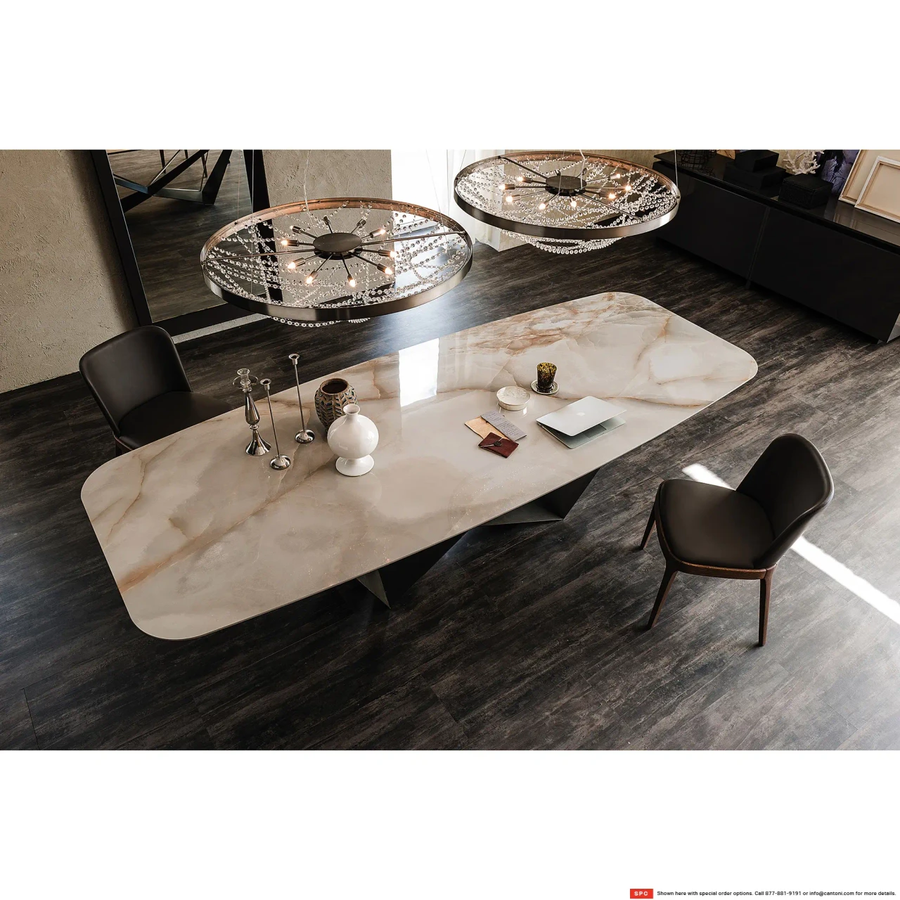 ALABASTRO || TITANIUM EMBOSSED STEEL - Cattelan Skorpio Keramik Dining Table, modern Alabastro ceramic top, titanium embossed steel base, dining room, high angle.