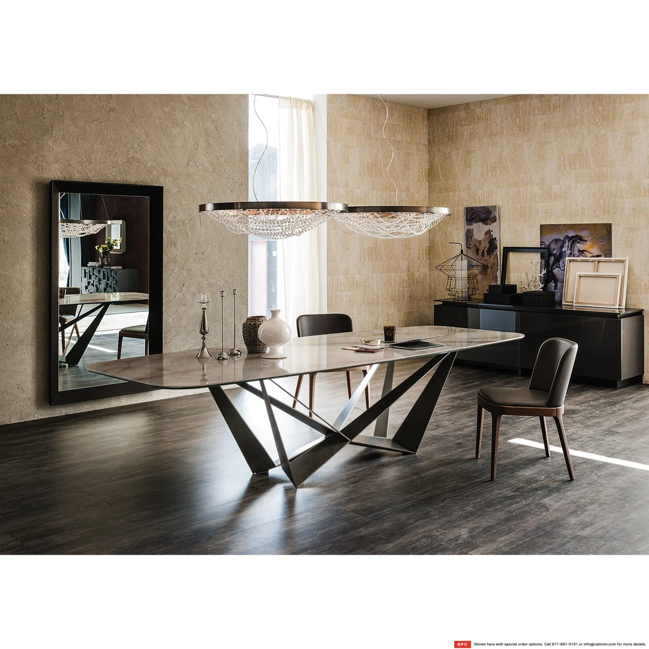 ALABASTRO || TITANIUM EMBOSSED STEEL - Cattelan Skorpio Keramik Dining Table, Alabastro Ceramic Top, Titanium Embossed Steel Base, modern dining room, side angle