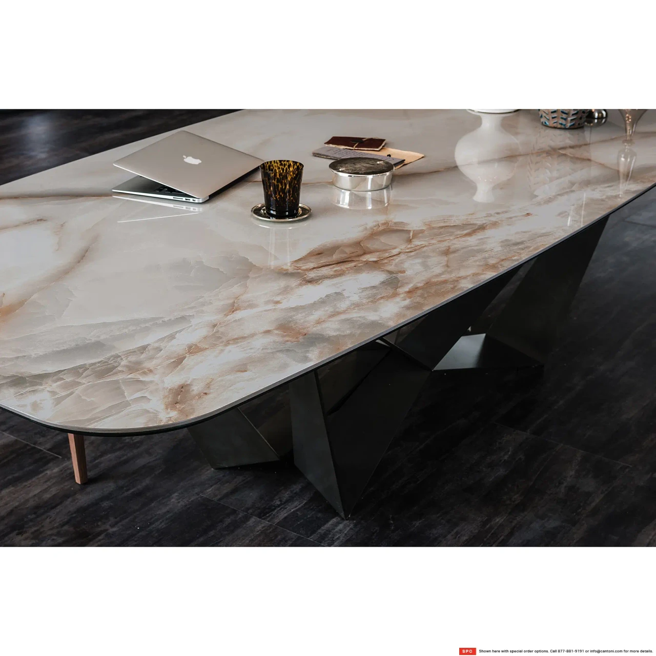 ALABASTRO || TITANIUM EMBOSSED STEEL - Cattelan Skorpio Keramik Dining Table, Alabastro Ceramic Top, Titanium Embossed Steel Base, high angle lifestyle dining view