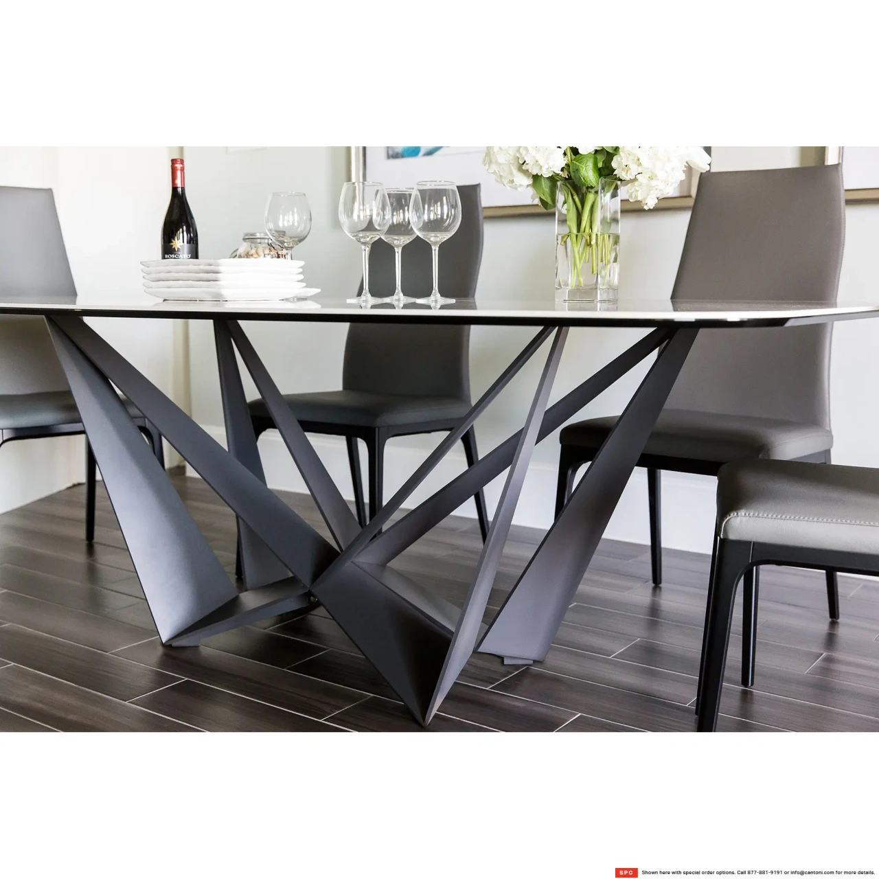ALABASTRO || TITANIUM EMBOSSED STEEL - Cattelan Skorpio Keramik Dining Table, Alabastro ceramic top, titanium embossed steel base, dining room, low angle view
