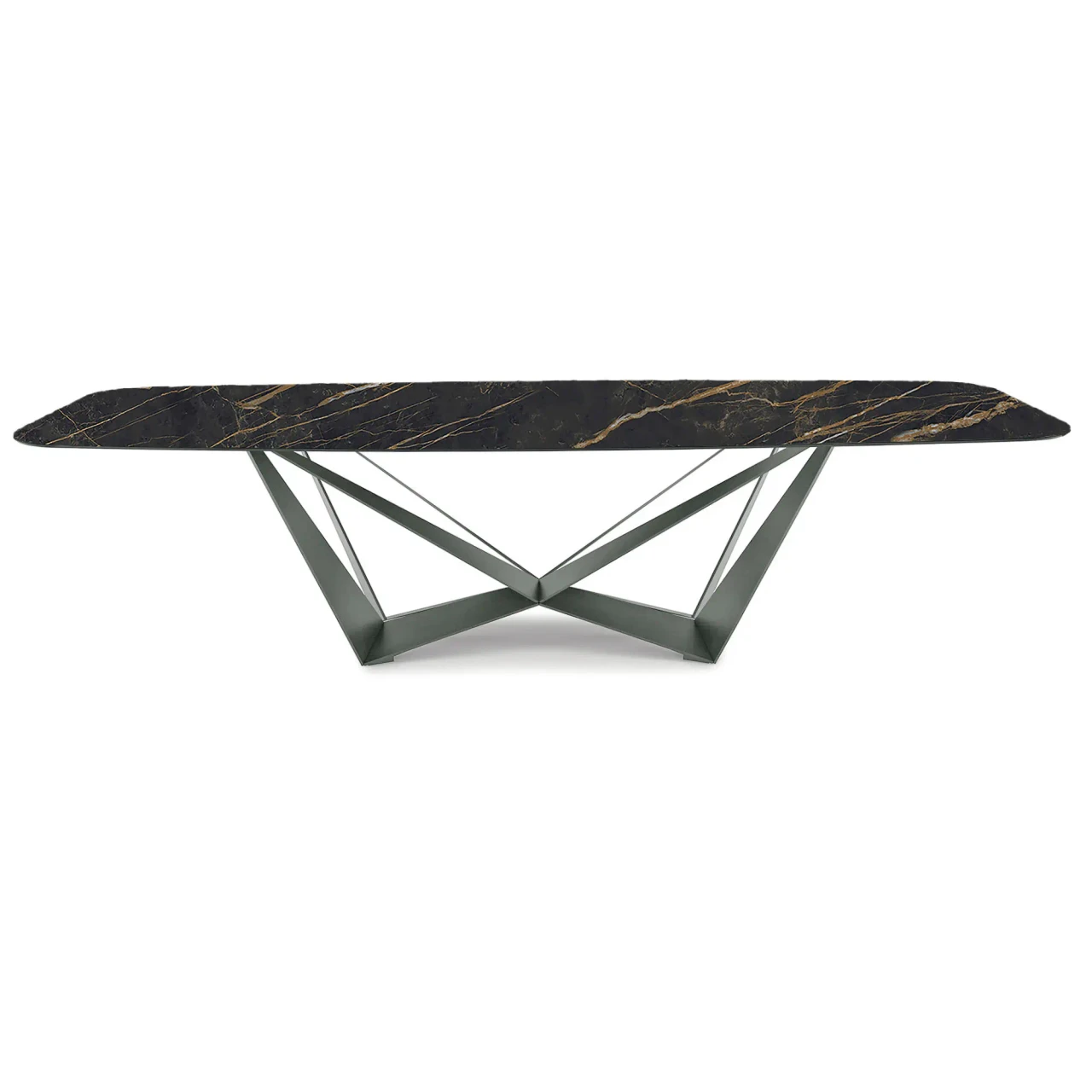 GLOSSY PORTORO || TITANIUM EMBOSSED STEEL - Cattelan Skorpio Keramik Dining Table, 94.5 In, glossy Portoro ceramic top, titanium embossed steel base, front view.