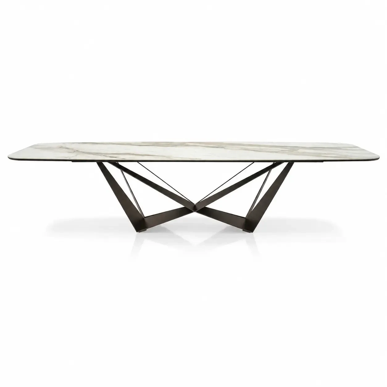 MATTE BORGHINI CALACATTA || BRONZE EMBOSSED STEEL - Cattelan Skorpio Keramik Dining Table, shaped Matt Borghini Calacatta top, Bronze Embossed Base, front view.