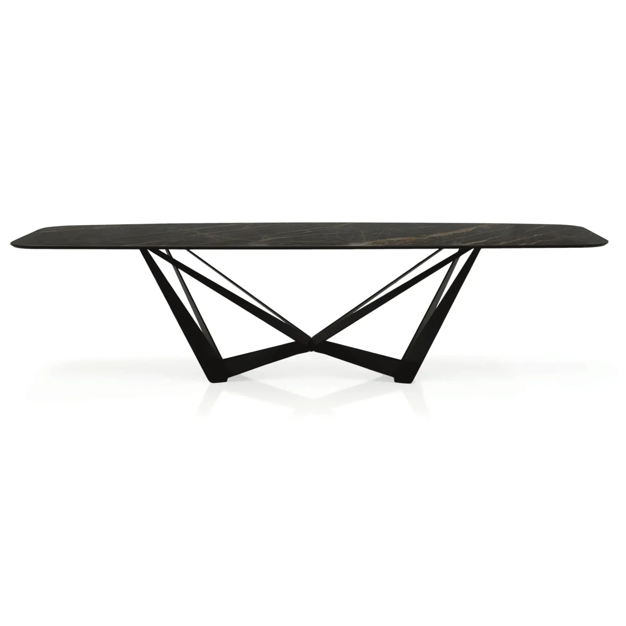 MATTE PORTORO || BLACK EMBOSSED STEEL - Cattelan Skorpio Keramik Dining Table, 94.5 In, Matt Portoro Ceramic Top, Black Embossed Steel Base, front view.
