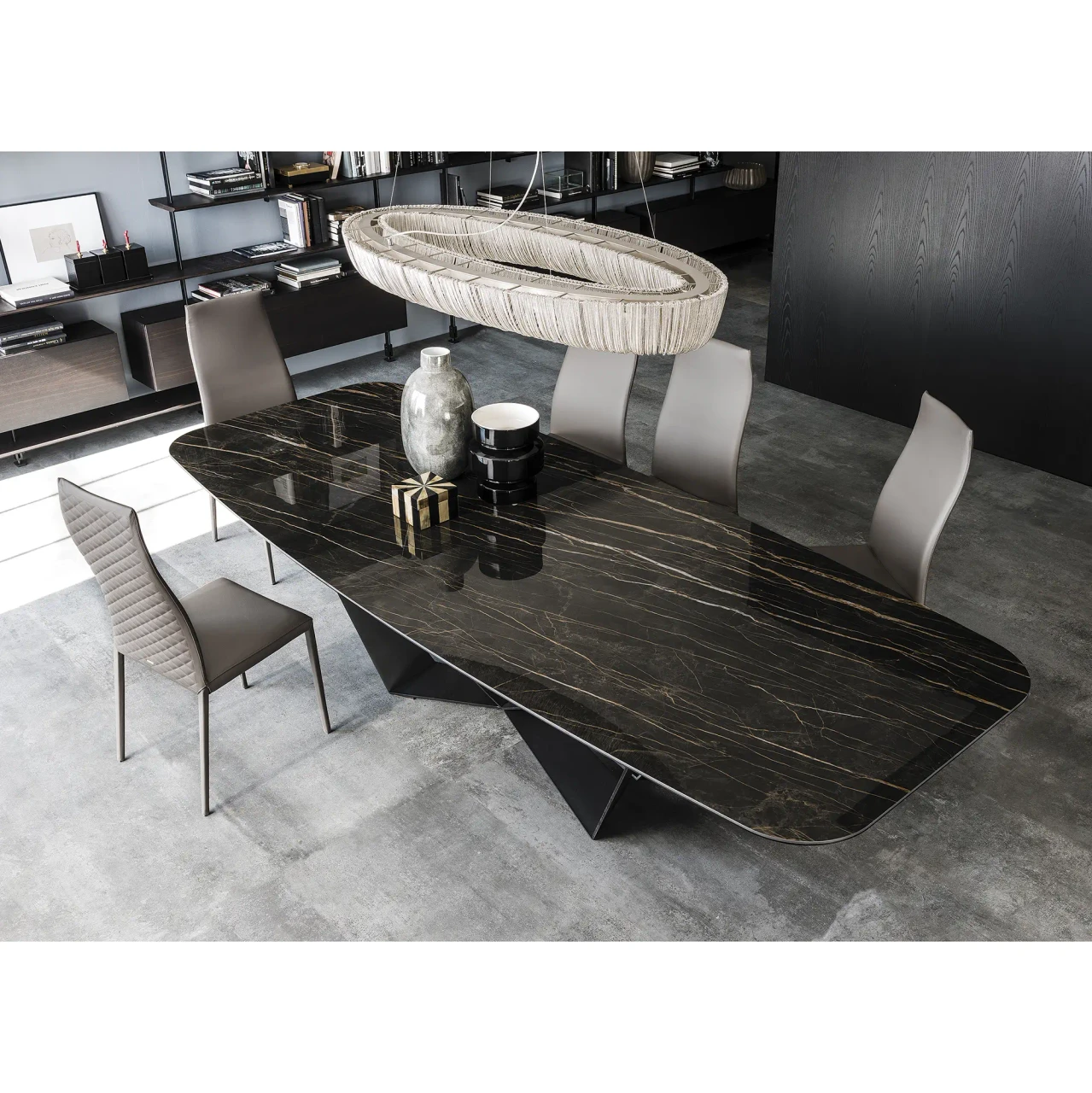MATTE PORTORO || BLACK EMBOSSED STEEL - Cattelan Skorpio Keramik Dining Table, Matt Portoro Ceramic Top, Black Embossed Steel Base, modern dining room, angled view