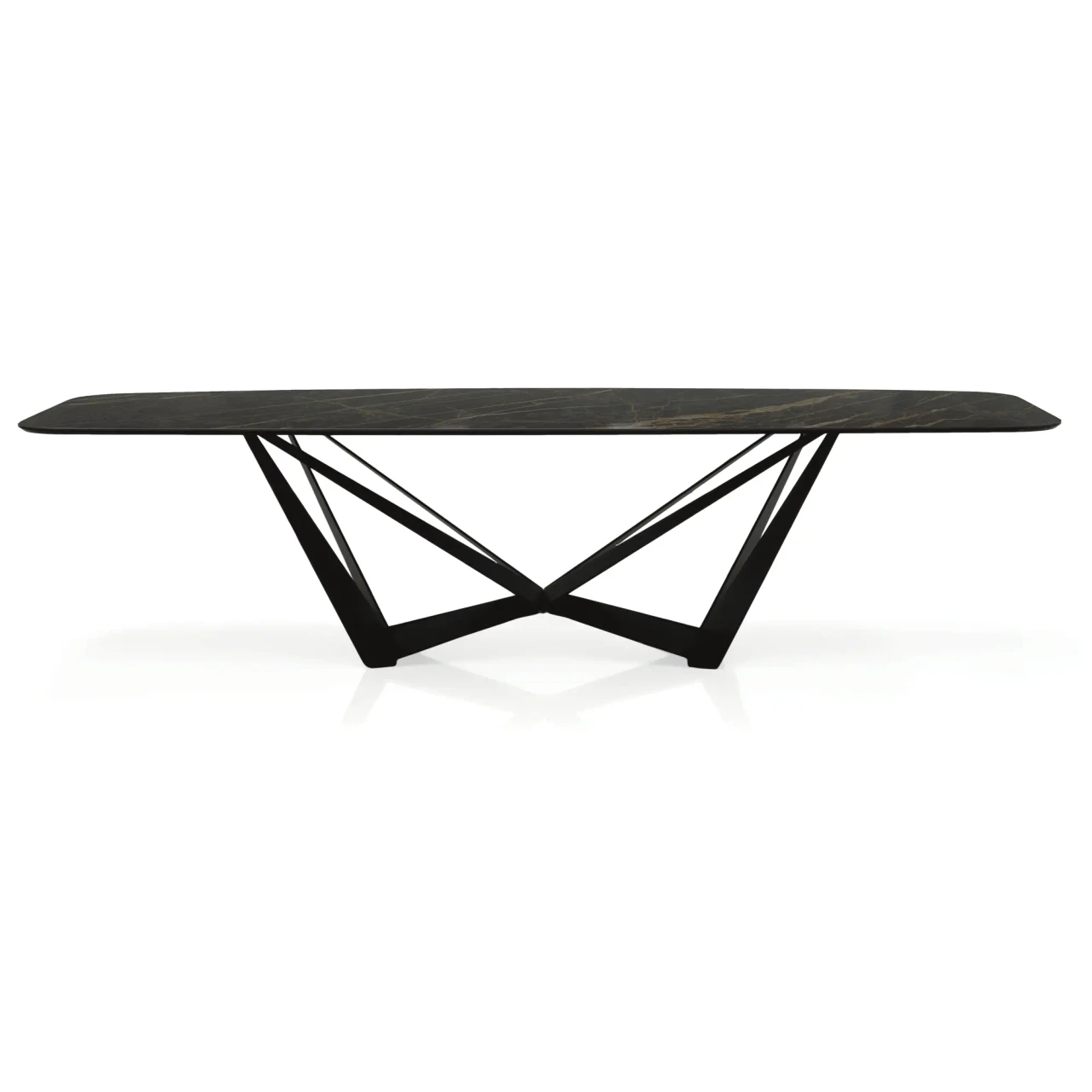 GLOSSY PORTORO || BLACK EMBOSSED STEEL - Cattelan Skorpio Keramik Dining Table, 94.5 In, glossy Portoro ceramic top, black embossed steel base, front view.