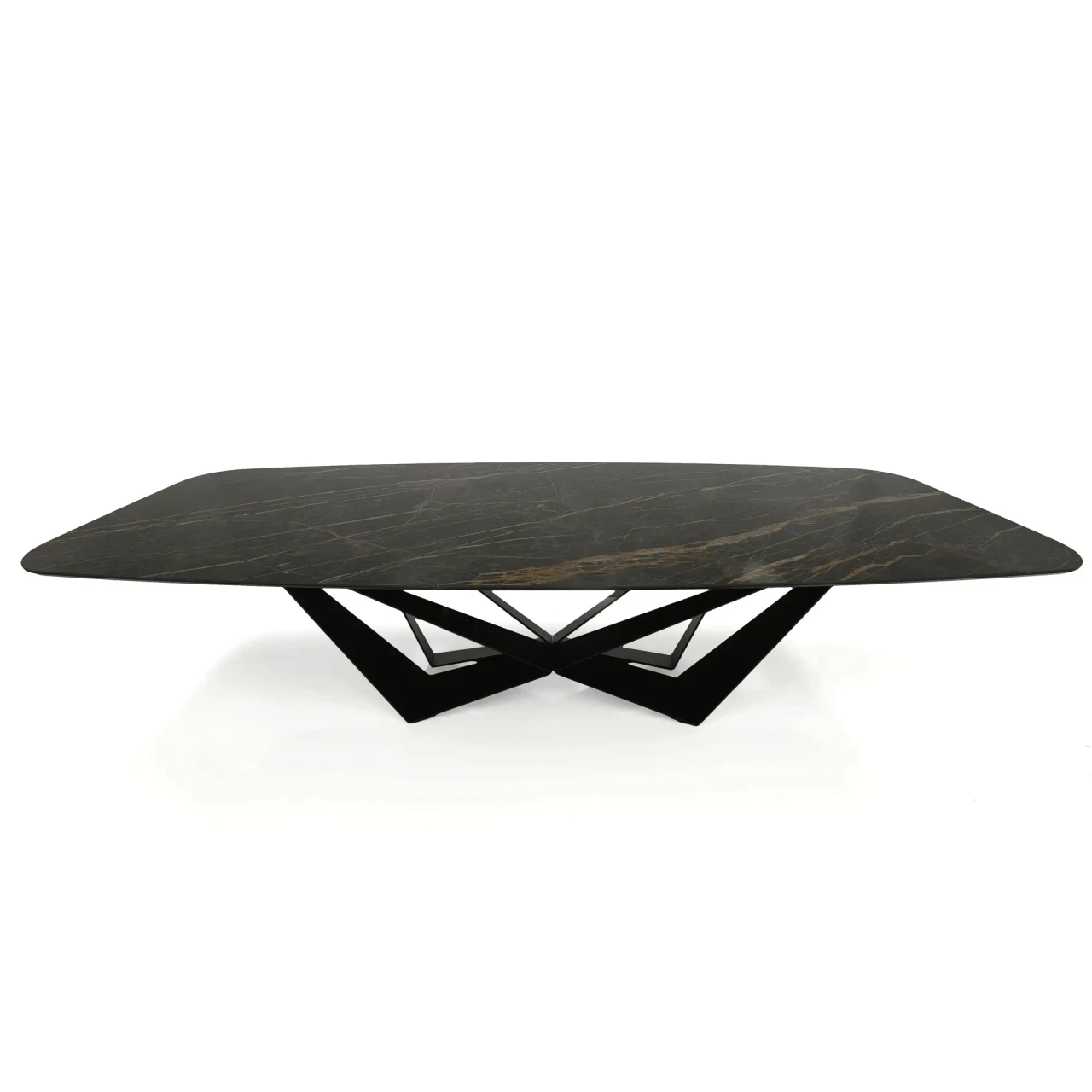 GLOSSY PORTORO || BLACK EMBOSSED STEEL - Cattelan Skorpio Keramik Dining Table, 94.5 In, glossy Portoro ceramic top, black embossed steel base, front view.