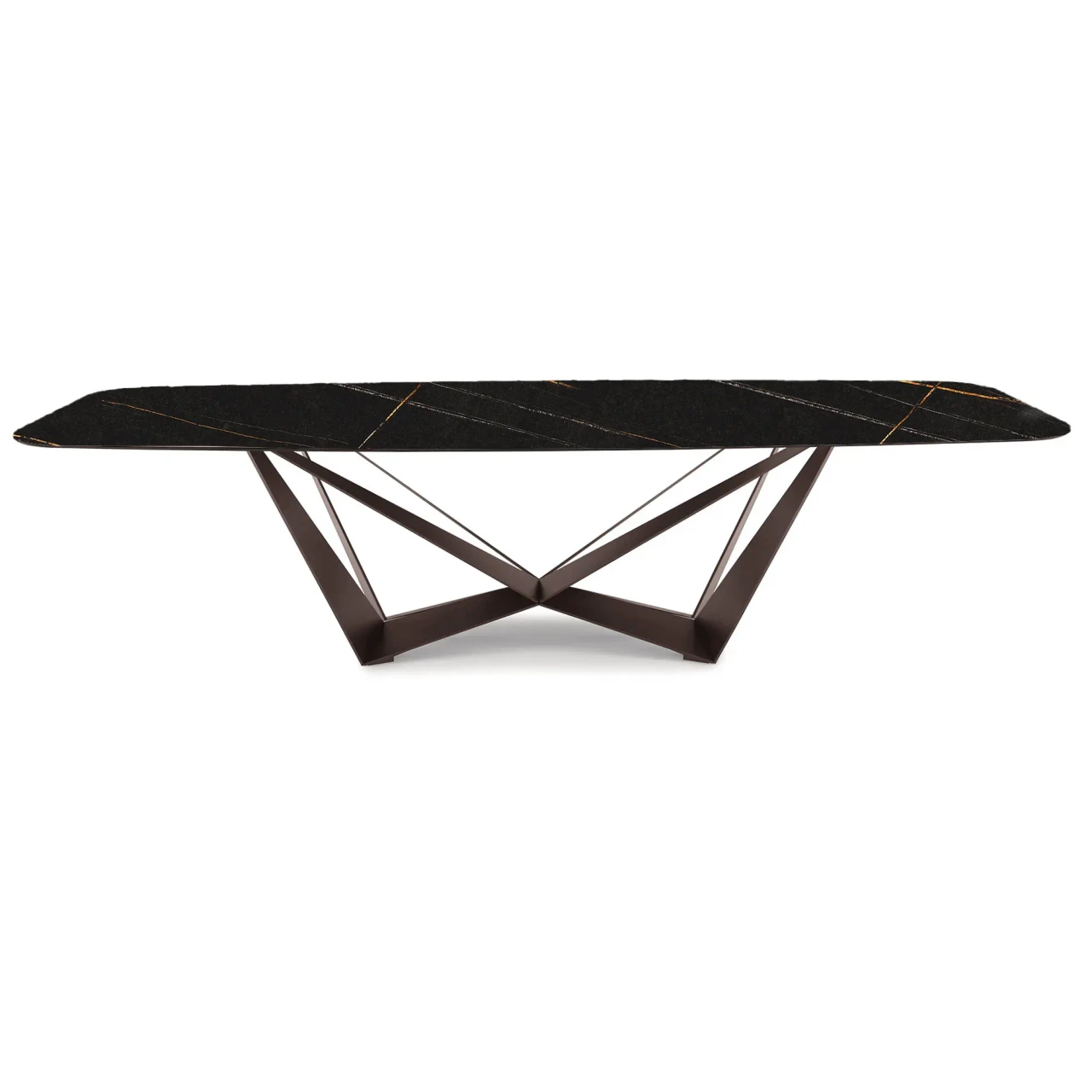 GLOSSY SAHARA NOIR || BRONZE EMBOSSED STEEL - Cattelan Skorpio Keramik Dining Table, 94.5 In, Sahara Noir ceramic top, bronze embossed steel base, front view.