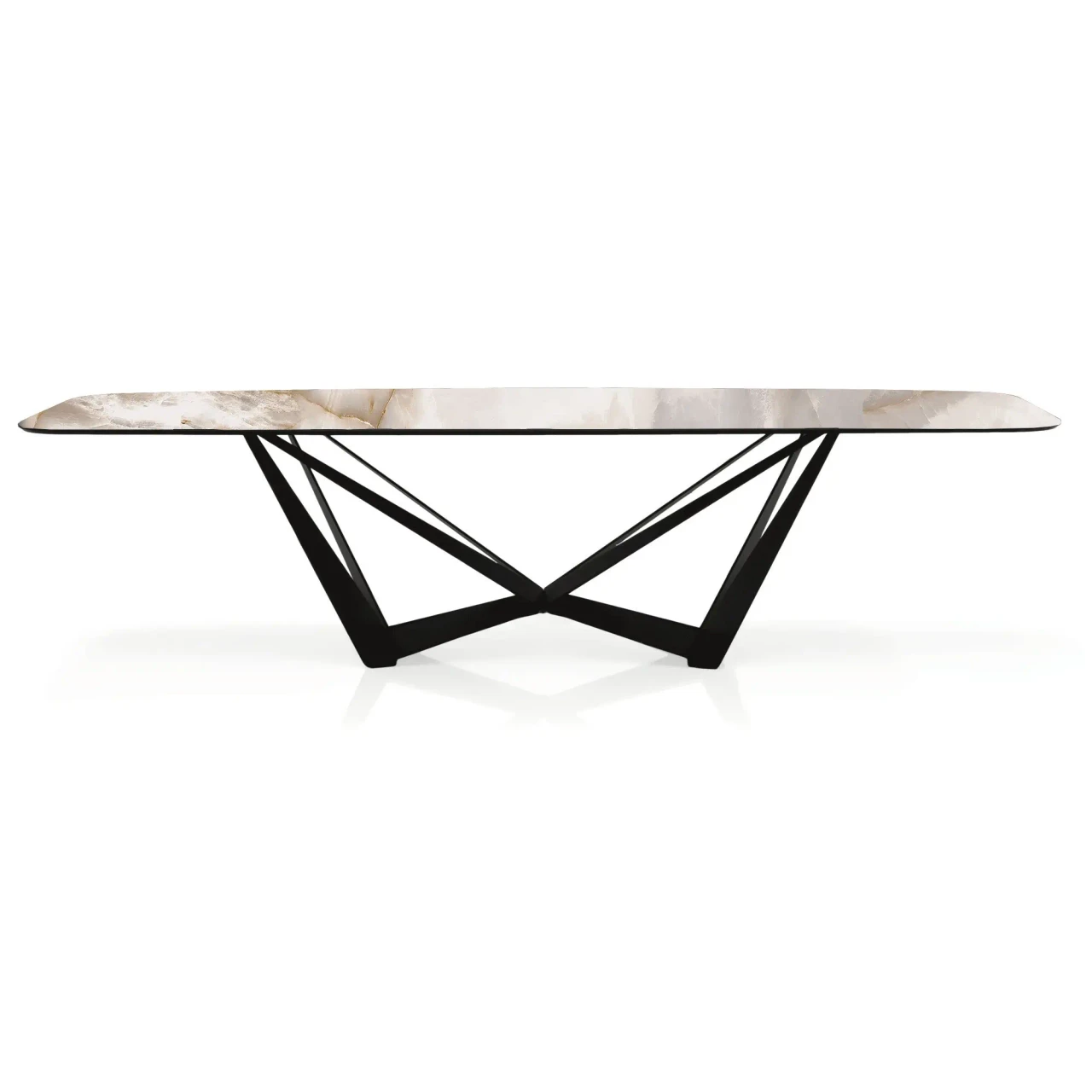 ALABASTRO || BLACK EMBOSSED STEEL - Cattelan Skorpio Keramik Dining Table, 94.5 In, Alabastro Ceramic Top, Black Embossed Steel Base, front view.