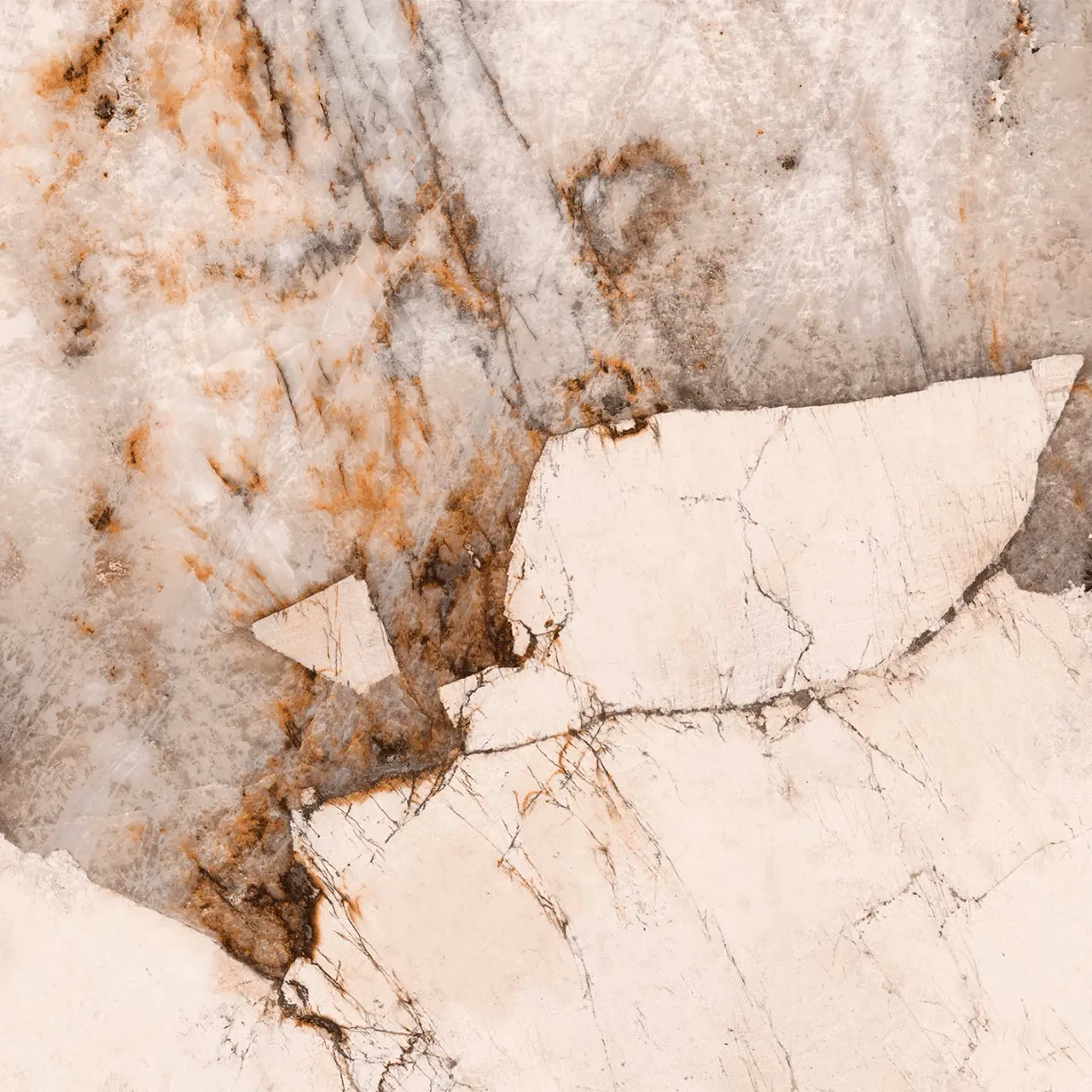 CORCOVADO || BRONZE EMBOSSED STEEL || Closeup - Top-down view of Corcovado Ceramic Top for Cattelan Skorpio Keramik Dining Table in white and brown marble effect.