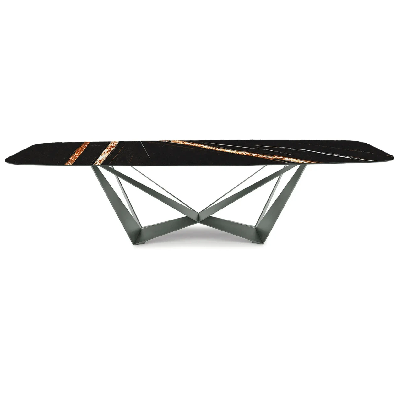 GLOSSY SAHARA NOIR || TITANIUM EMBOSSED STEEL - Cattelan Skorpio Keramik Dining Table, 94.5 In, glossy Sahara Noir ceramic top, titanium embossed steel base, front view.