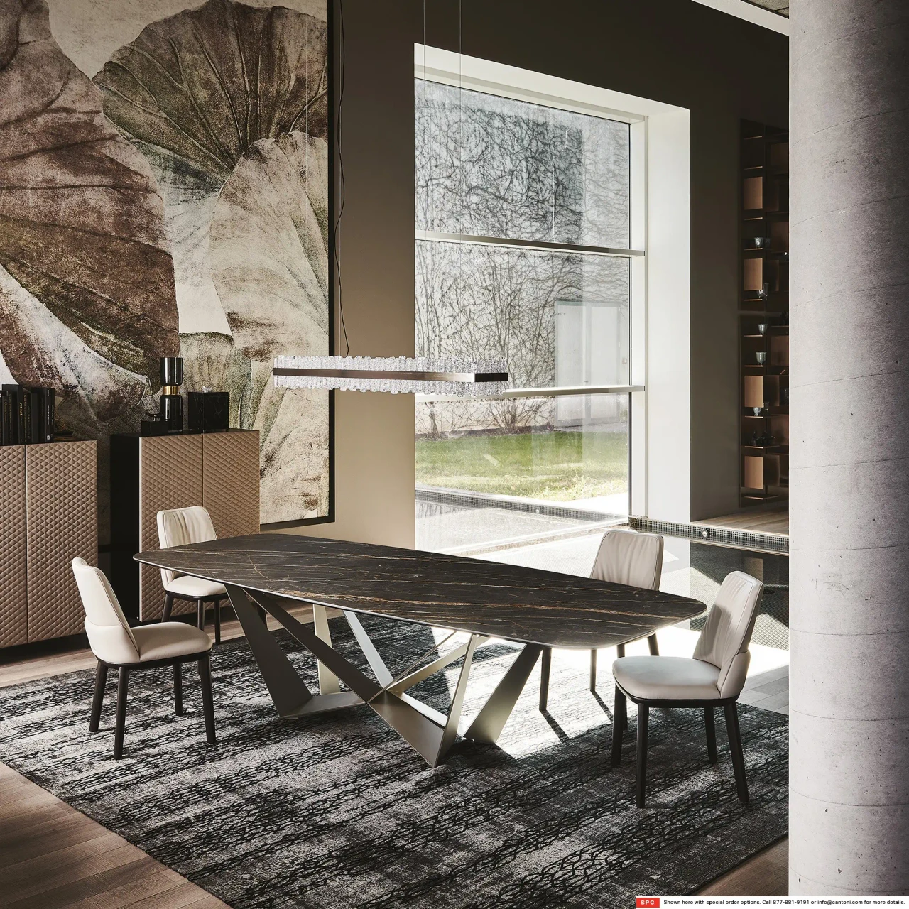 GLOSSY SAHARA NOIR || TITANIUM EMBOSSED STEEL - Cattelan Skorpio Keramik Dining Table, 94.5 In, Glossy Sahara Noir Ceramic Top, Titanium Embossed Steel Base, dining room