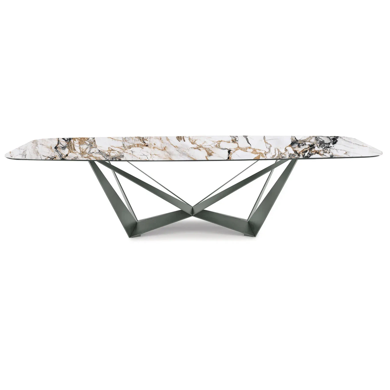 MAKALU || TITANIUM EMBOSSED STEEL - Cattelan Skorpio Keramik Dining Table, 94.5 In, Makalu ceramic top, titanium embossed steel base, front view.