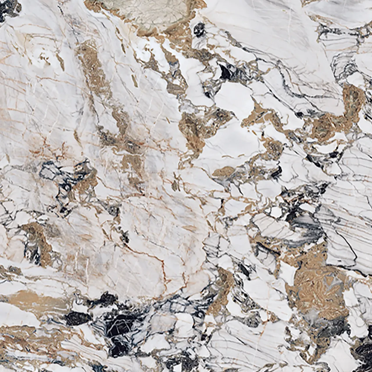 MAKALU || TITANIUM EMBOSSED STEEL || Closeup - Cattelan Skorpio Keramik Dining Table, Makalu Ceramic Top, white with gold and grey veining, top-down close-up view.