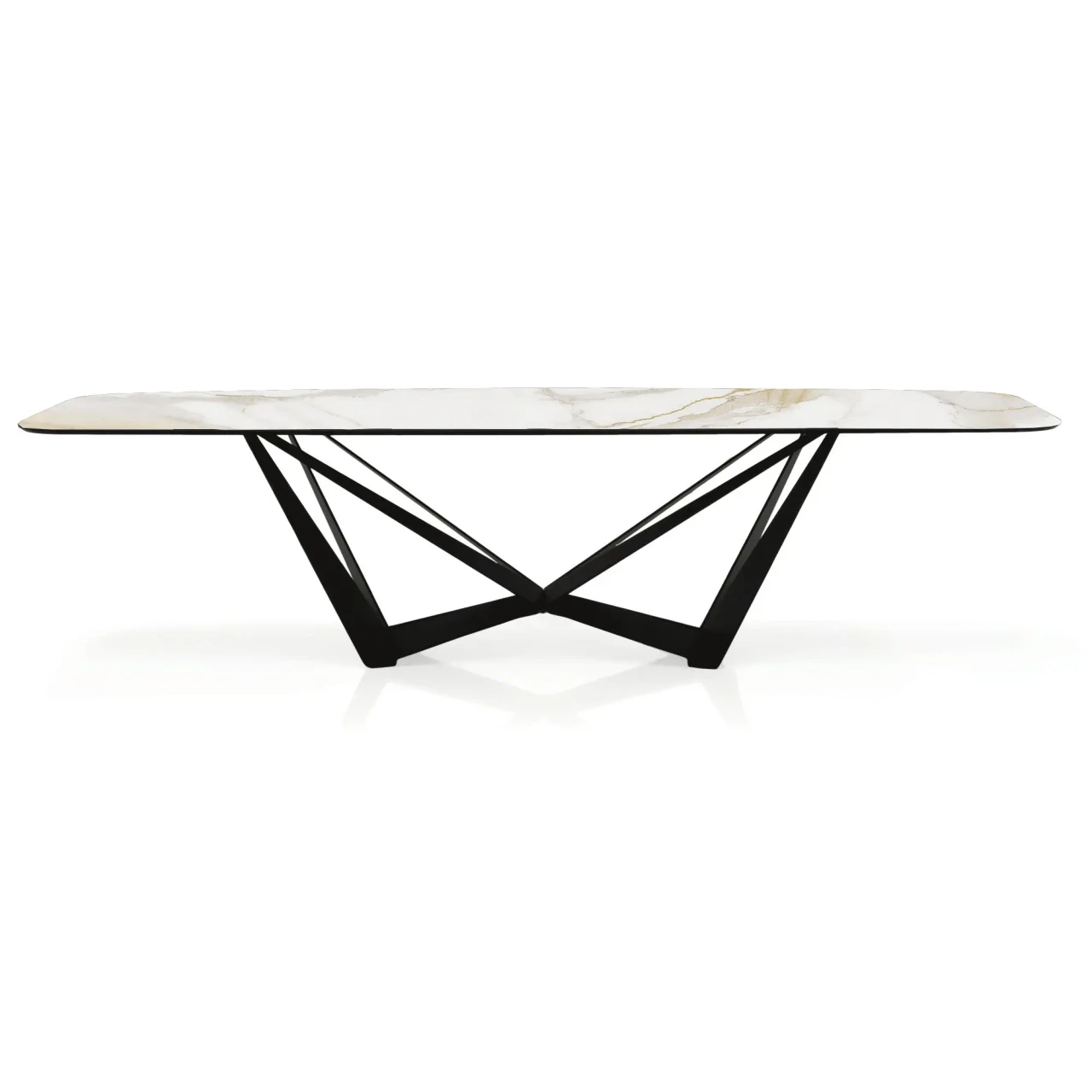 GLOSSY GOLDEN CALACATTA || BLACK EMBOSSED STEEL - Cattelan Skorpio Keramik Dining Table, 94.5 In, Glossy Gold Calacatta Ceramic top, Black Embossed Steel Base, front view.
