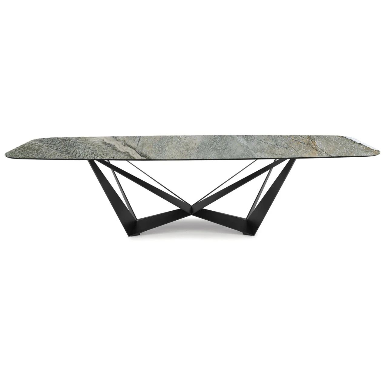 KAINDY || GRAPHITE EMBOSSED STEEL - Cattelan Skorpio Keramik Dining Table, 94.5 In, Kaindy Ceramic Top, Graphite Embossed Steel Base, front view