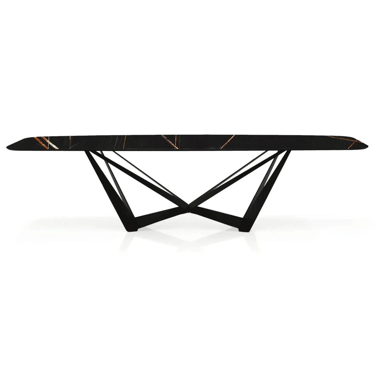 GLOSSY SAHARA NOIR || BLACK EMBOSSED STEEL - Cattelan Skorpio Keramik Dining Table, 94.5 In, glossy Sahara Noir ceramic top, black embossed steel base, front view