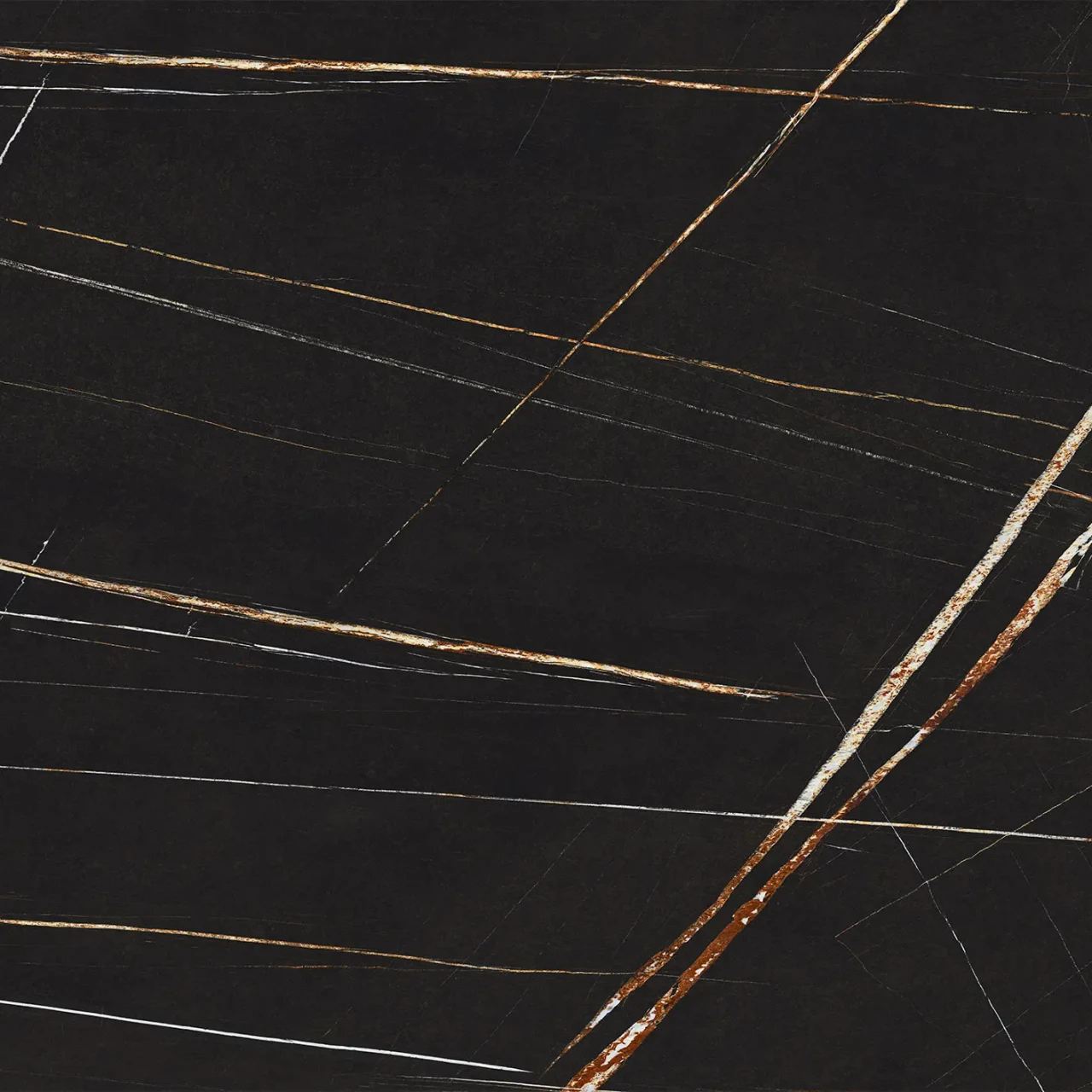 GLOSSY SAHARA NOIR || BLACK EMBOSSED STEEL || Closeup - Cattelan Skorpio Keramik Dining Table, Glossy Sahara Noir Ceramic Top, black with gold veining, top-down close-up view